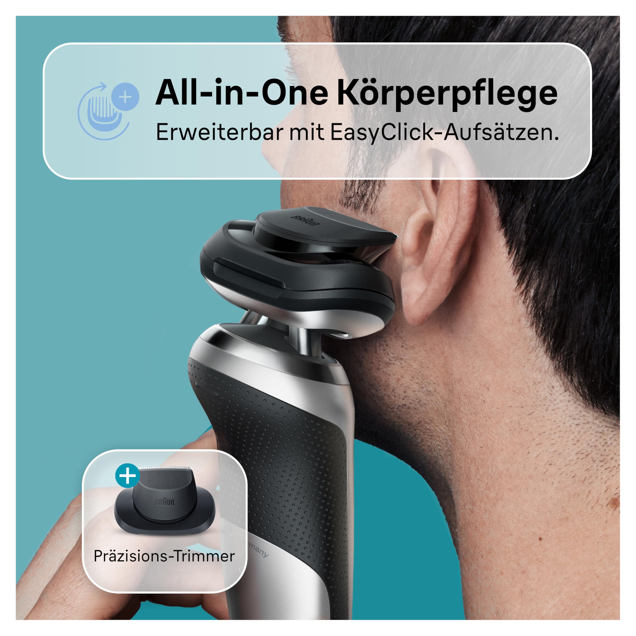 Braun Series 7 Elektrorasierer 360° Flex mit EasyClick Präzisionstrimmer, Rasierer Herren mit Aufsatz, Wet und Dry, Made in Germany, 71-S4200cs, silber