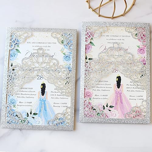 Miniatura 5 de Hosmsua 50 invitaciones de quinceañera con purpurina plateada personalizada de 5.1 x 7.3 pulgadas, corte láser, corona floral, bolsillo, tarjetas de