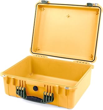 Pelican 1550 Case by ColorCase - Yellow - Medium Size Waterproof Case Case Only - OD Green Handles & Latches