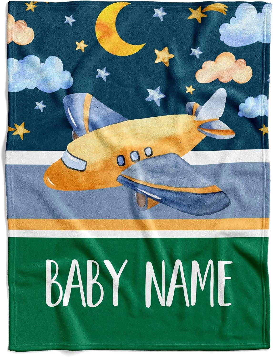 Personalized starry sky plane baby blanket, customized newborn gift, infant throw with baby's name, cozy fleece material, ideal for crib and stroller, unique baby shower present, easy to wash