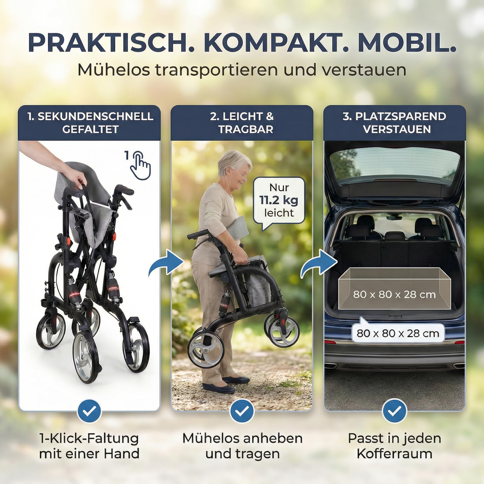 Rollator Rollstuhl 2 in 1 faltbar mit Federung, Matt-Schwarz