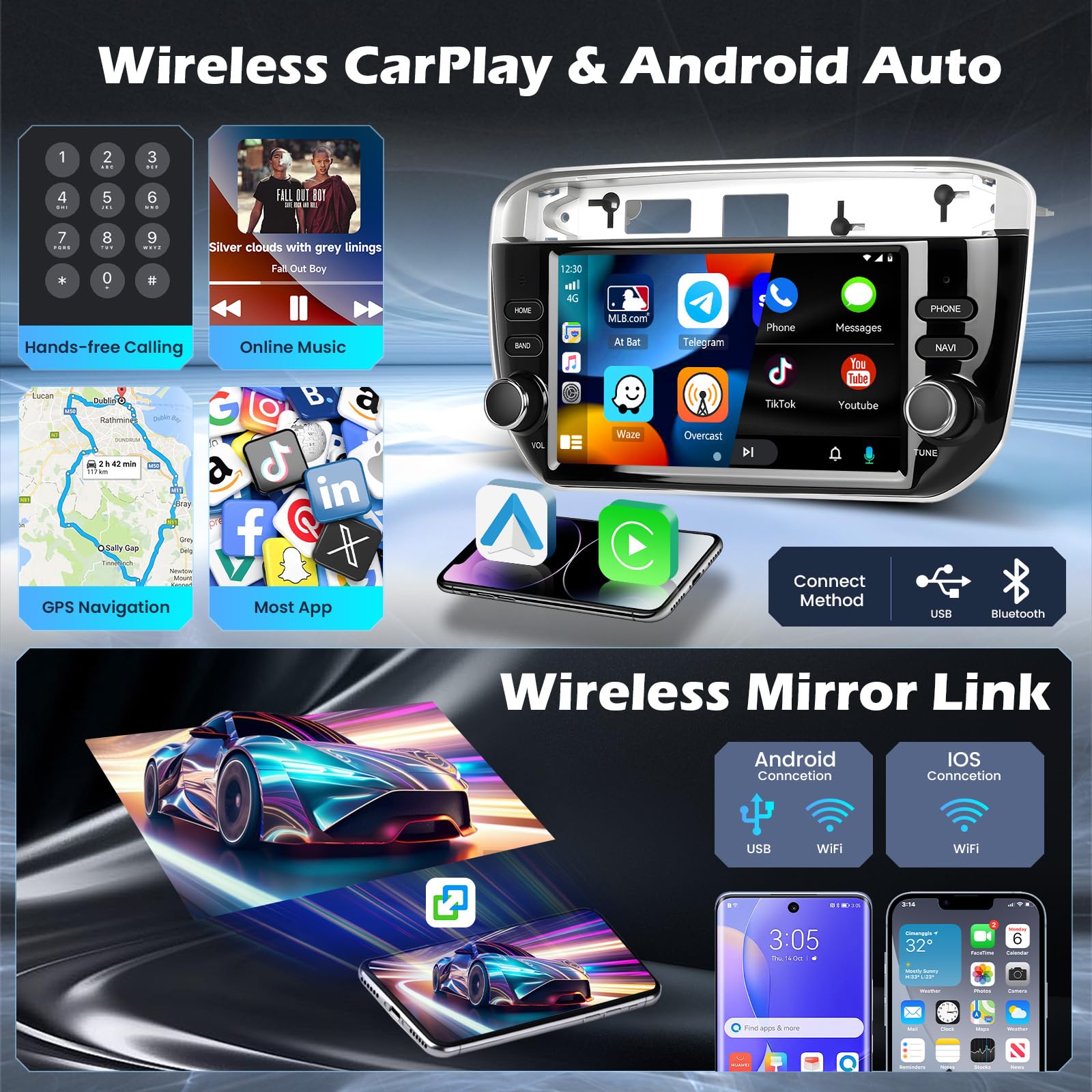 Hikity 4 64G Android 15 Radio Coche para Fiat Punto 2012-2016 con Pantalla Táctil de 7 Pulgadas, Radio de Coche con Carplay Android Auto Inalámbrico FM /RDS Radio BT GPS WiFi SWC Mirror Link Cám Mic