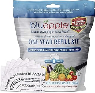 Bluapple 1-Year Carbon Refill Kit - Keep Fruits & Vegetables Fresh Longer & Help Absorb Odors, 8 Packets with Carbon, Fruit & Vegetable Storage, Ethylene Gas Absorber for Fridge, Made in USA