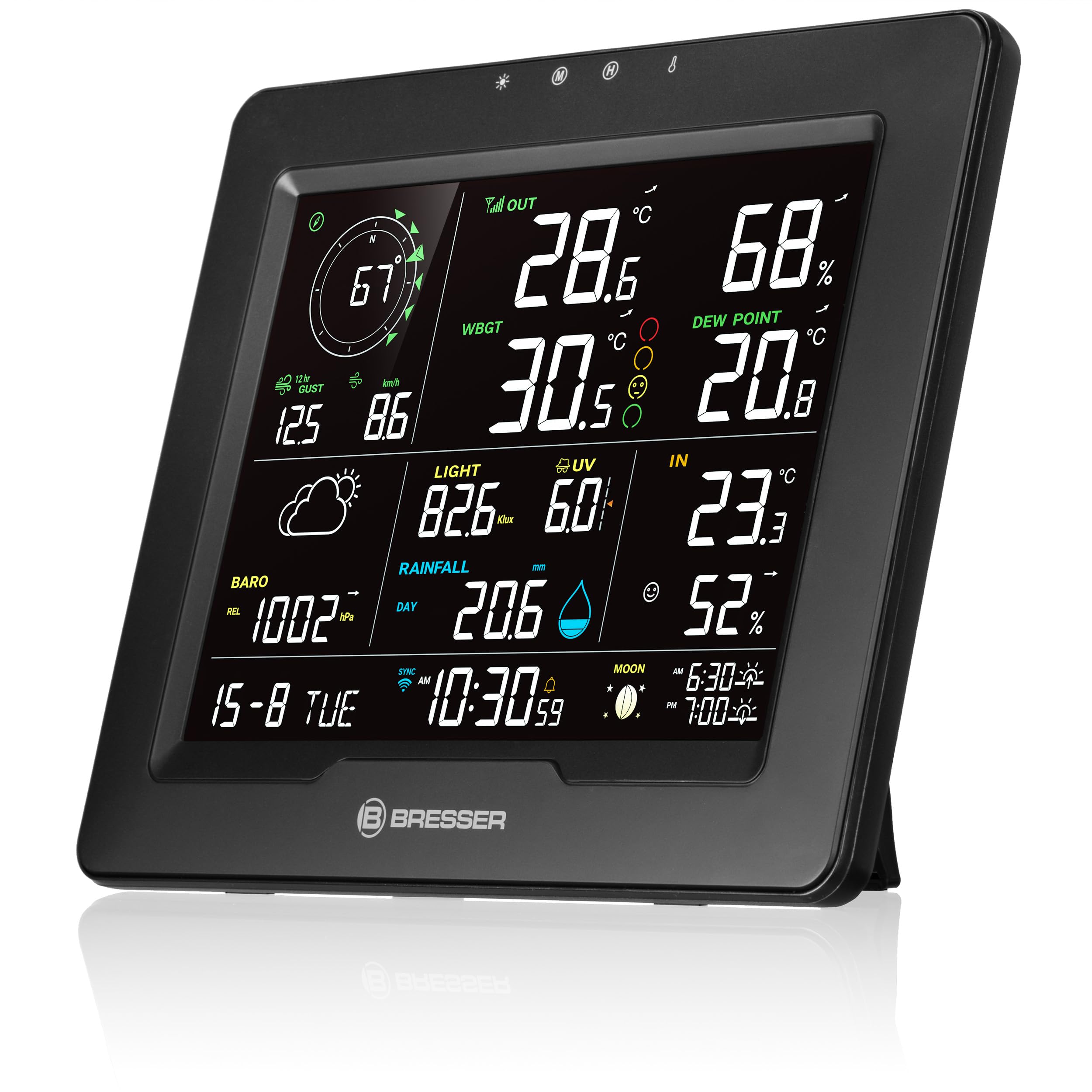 Bresser WLAN Wetterstation 8-in-1 mit Außensensor, WBGT-Hitzestress-Index, UV, Regen, Wind, Licht, WLAN, App-Steuerung, Raumklima, Wecker, Frostwarnung, schwarz | Innentemperatur und Außentemperatur, Luftfeuchtigkeit, Regenmesser, Windmesser, Wettervorher