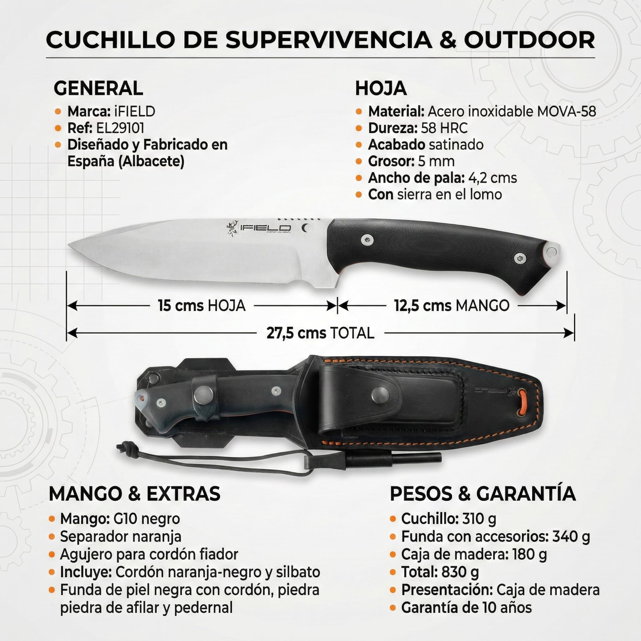 iFIELD EL29103 Multifunzionale escursioni, caccia e sopravvivenza coltello per l'esterno, manico nero Micarta con acciaio inox MOVA-58, fatto in Albacete (Spagna)