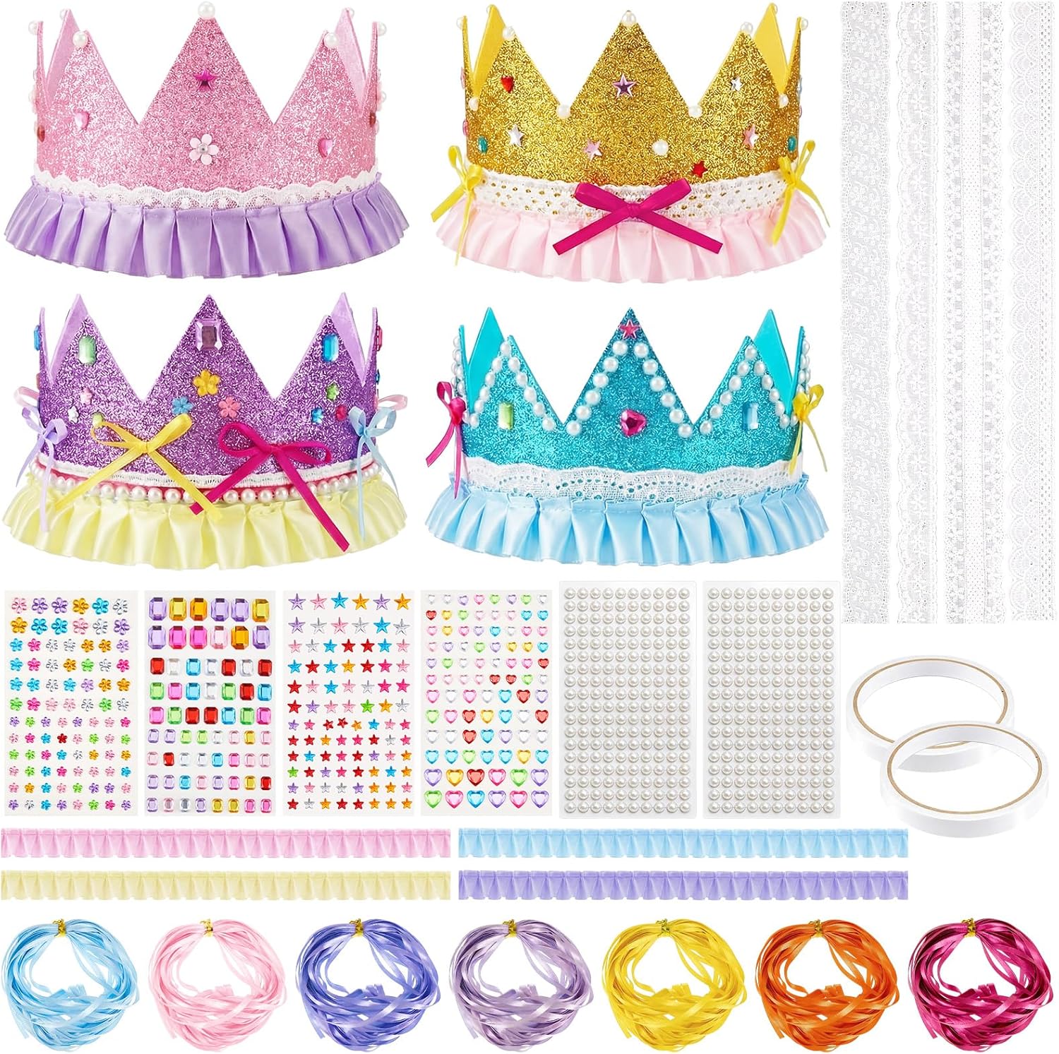 Dingion 8 Sets DIY EVA Princess Crowns with Cotton Lace Trim Satin Ruffle Ribbons Pearl and Jewel Stickers Macaron Color DIY Crown Set for Women Fancy Birthday Party and Craft Whimsical Decorations
