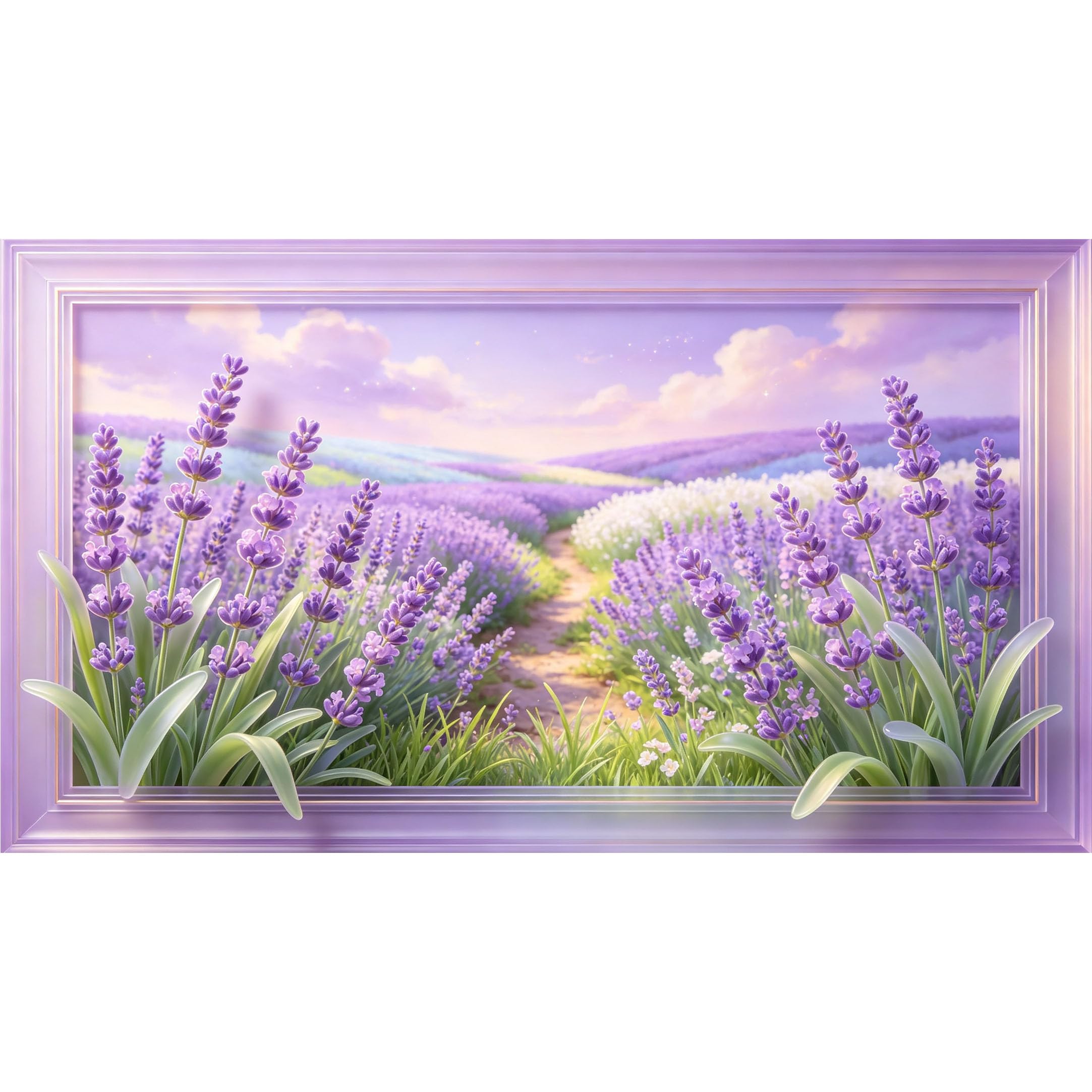 QZLITHOTIC 50×100cm 3D Framed Wall Art， Lavender Field Landscape Botanical SelfAdhesive Mural， WaterActivated Peel & Stick Fabric Decor Wall Decal for Bedroom Living Room