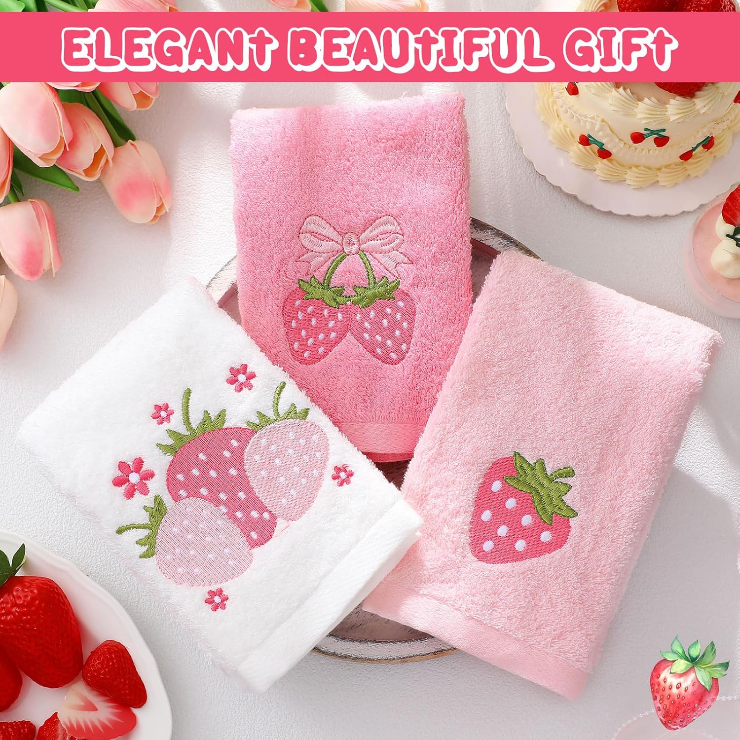3 Pcs Strawberry Hand Towels 14x29 Inch Spring Summer Bathroom Decor Farmhouse Pink Strawberry Cotton Embroidered Soft Absorbent Bathroom Decor Towels for Kitchen - Image 4