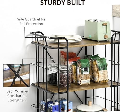 Miniatura 6 de HOMCOM Carrito de bar, carrito de cocina industrial con ruedas, 3 estantes de almacenamiento para comedor, lavandería y baño, grano de madera marrón