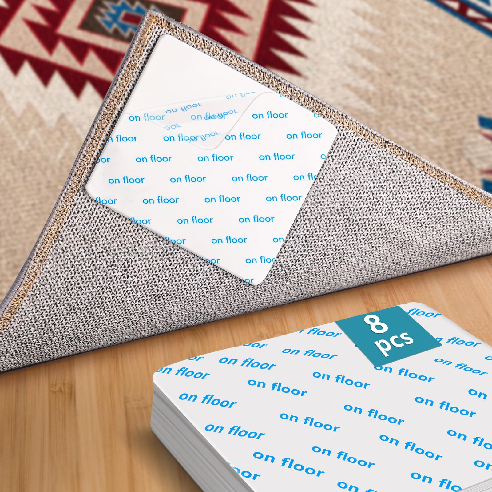 GOSALISU Rug Pad Grippers 8Pcs, Non Slip Rug Stickers for Hardwood Floors Tiles, Reusable Carpet Tapes for Area Rugs, Double Sided Adhesive Rug Corners Grippers Keep Corners Flat Hold Rug Down