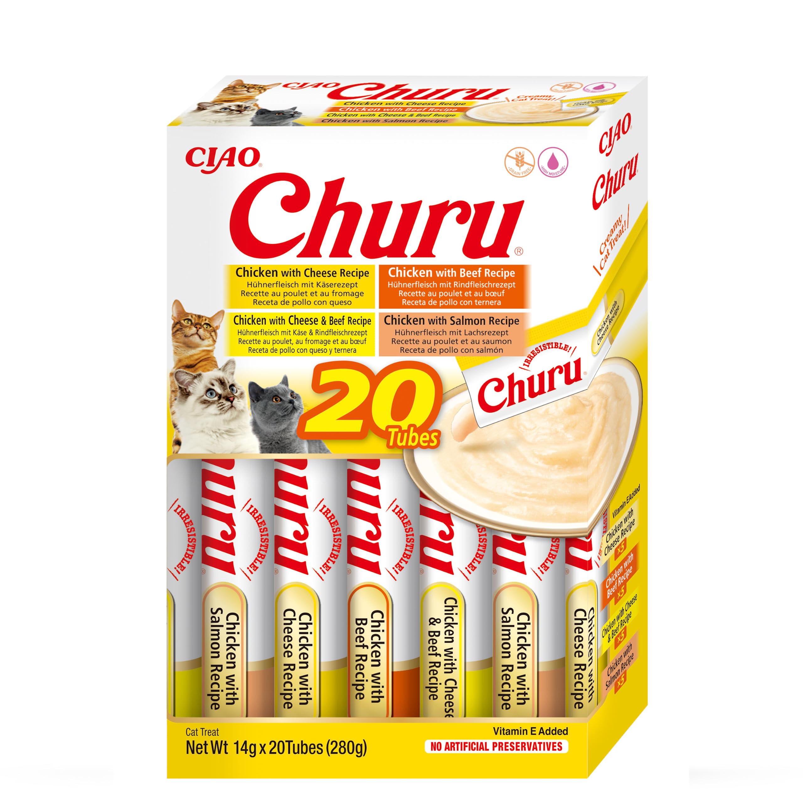 INABA Churu - Puré de Gato con 4 Sabores a Carne y Pollo - Deliciosos Snacks para Gato - Textura Suave y Cremosa - Comida para Gato - 20 Tubos x 14g