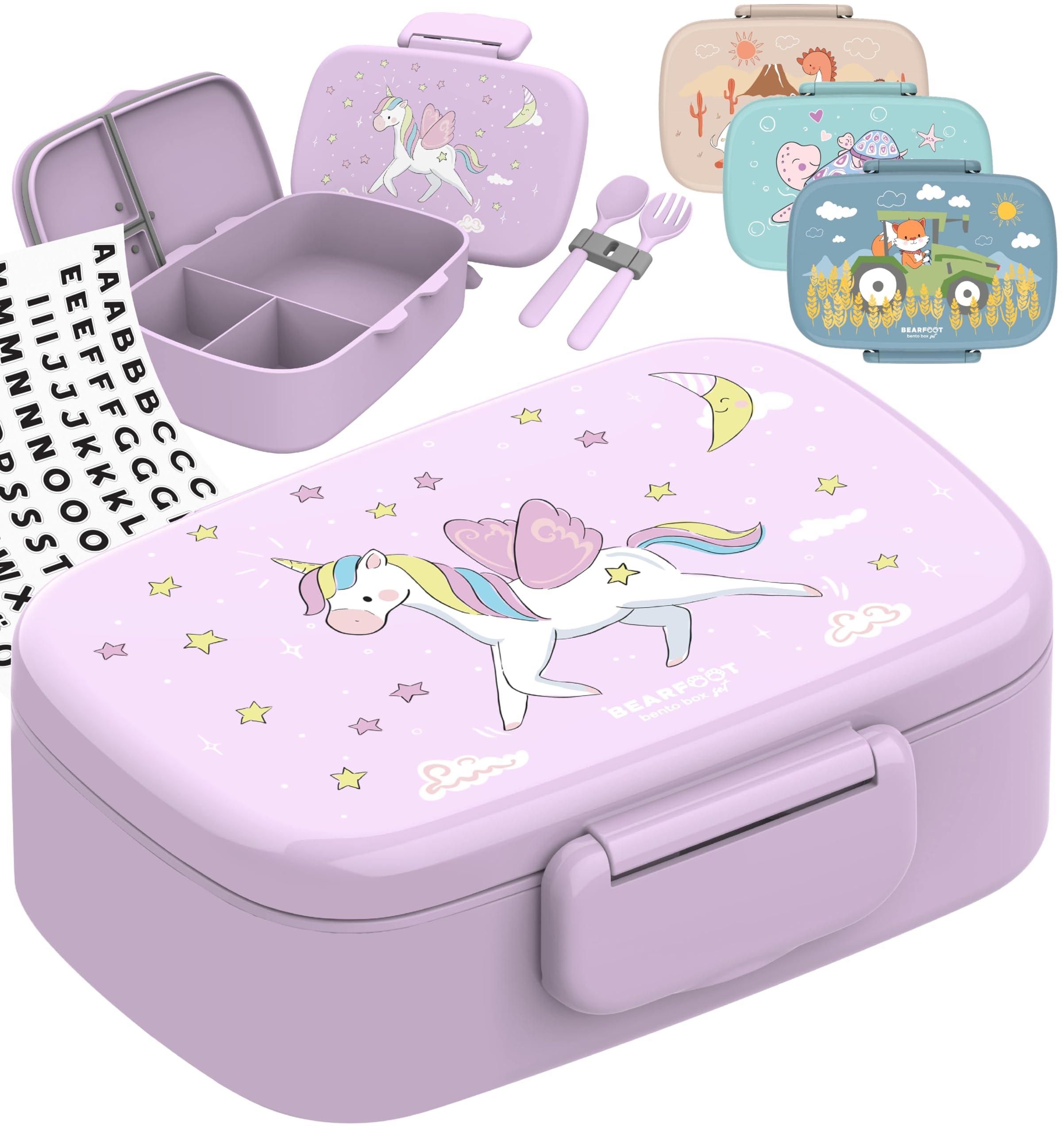 BEARFOOT Brotdose Kinder BPA-frei – Lunchbox/Bento Box mit Fächern, 100% auslaufsicher, für Schule & Kindergarten (Einhorn)