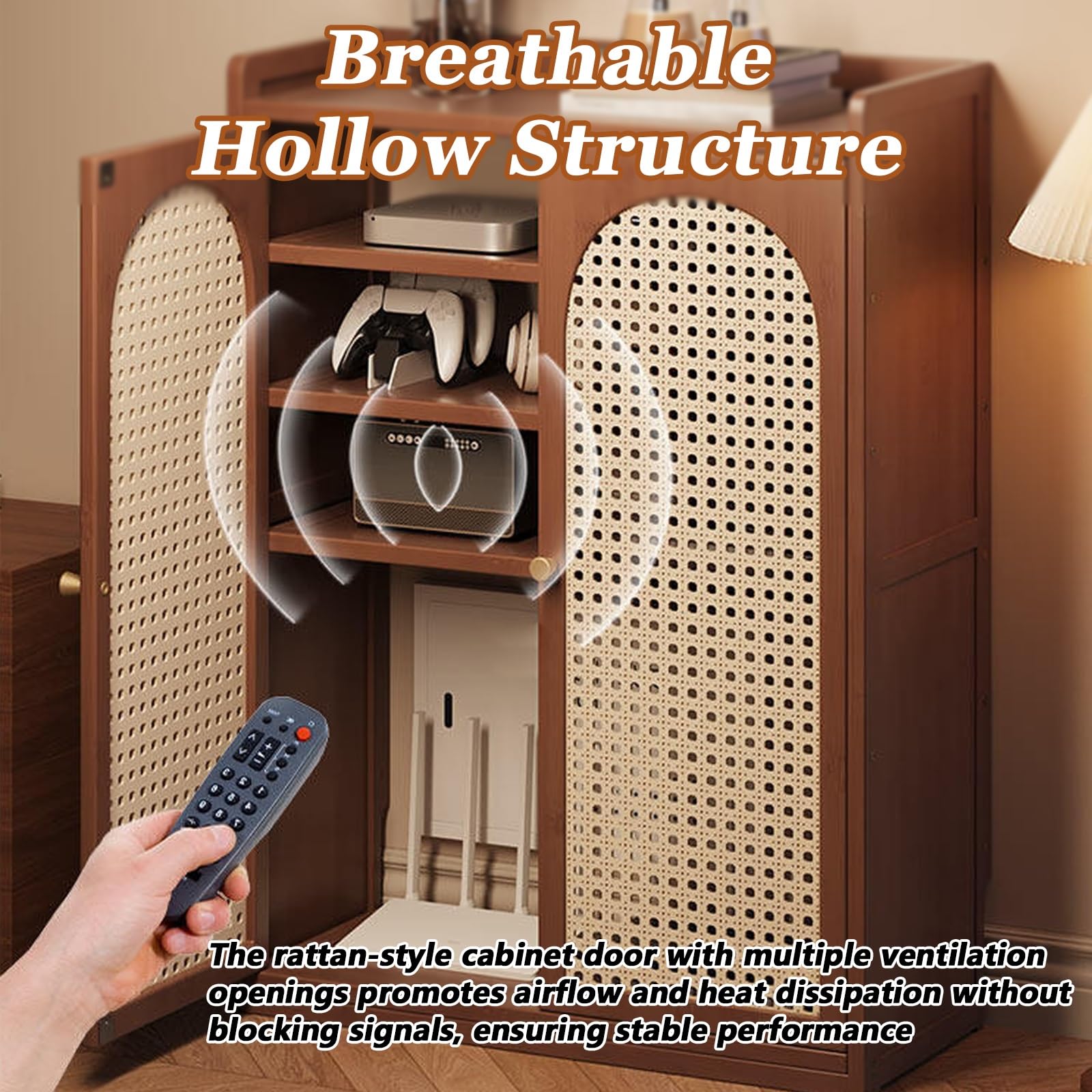 Mobile Porta Router WiFi con Ripiani Regolabili,Armadietto Modem da Terra In Rattan Di Bambù con Gestione Dei Cavi E Design Ventilato,per Casa E Ufficio(Cream White,59 * 27 * 82cm)