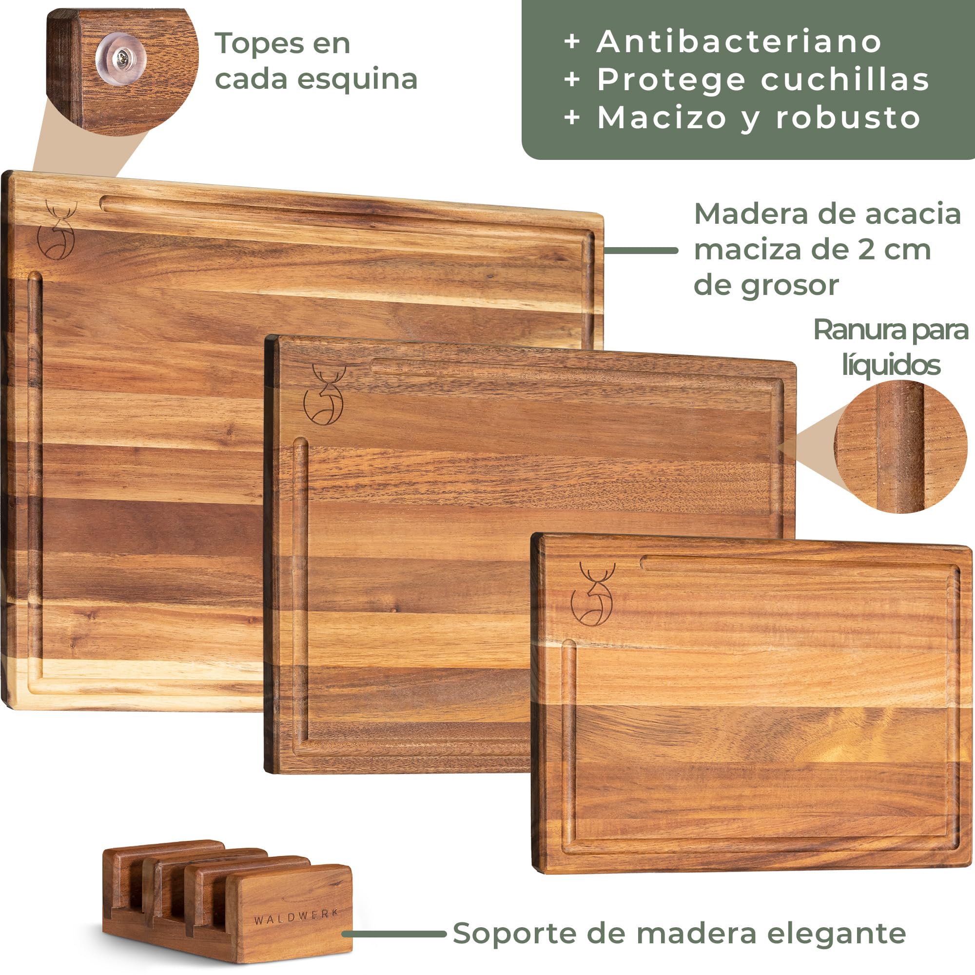 WALDWERK Tablas de Cocina (40x30 / 33x24 / 26x18 cm) de madera maciza de acacia – Juego de 3 tablas de cortar con soporte – Tabla cortar cocina de 2 cm de grosor con canal para jugos – Tablero madera