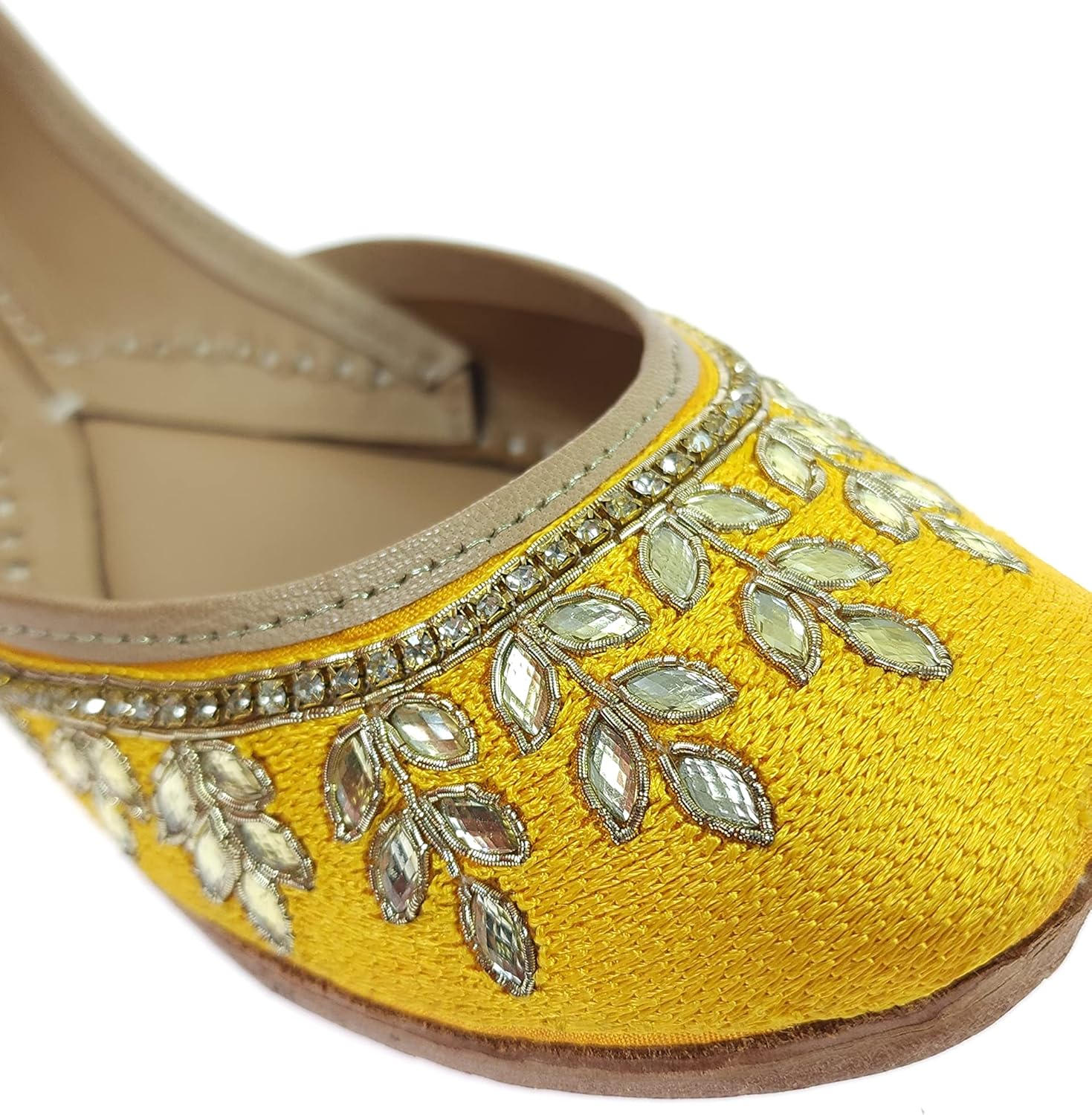 Fulkari Women's Dolli Gold Genuine Soft Leather Embroidered Jutis | Bite and Pinch Free Jutti | Punjabi Formal Juttis | Girl's Wedding Flat Ladies Mojari | Formal Ethnic Juti |