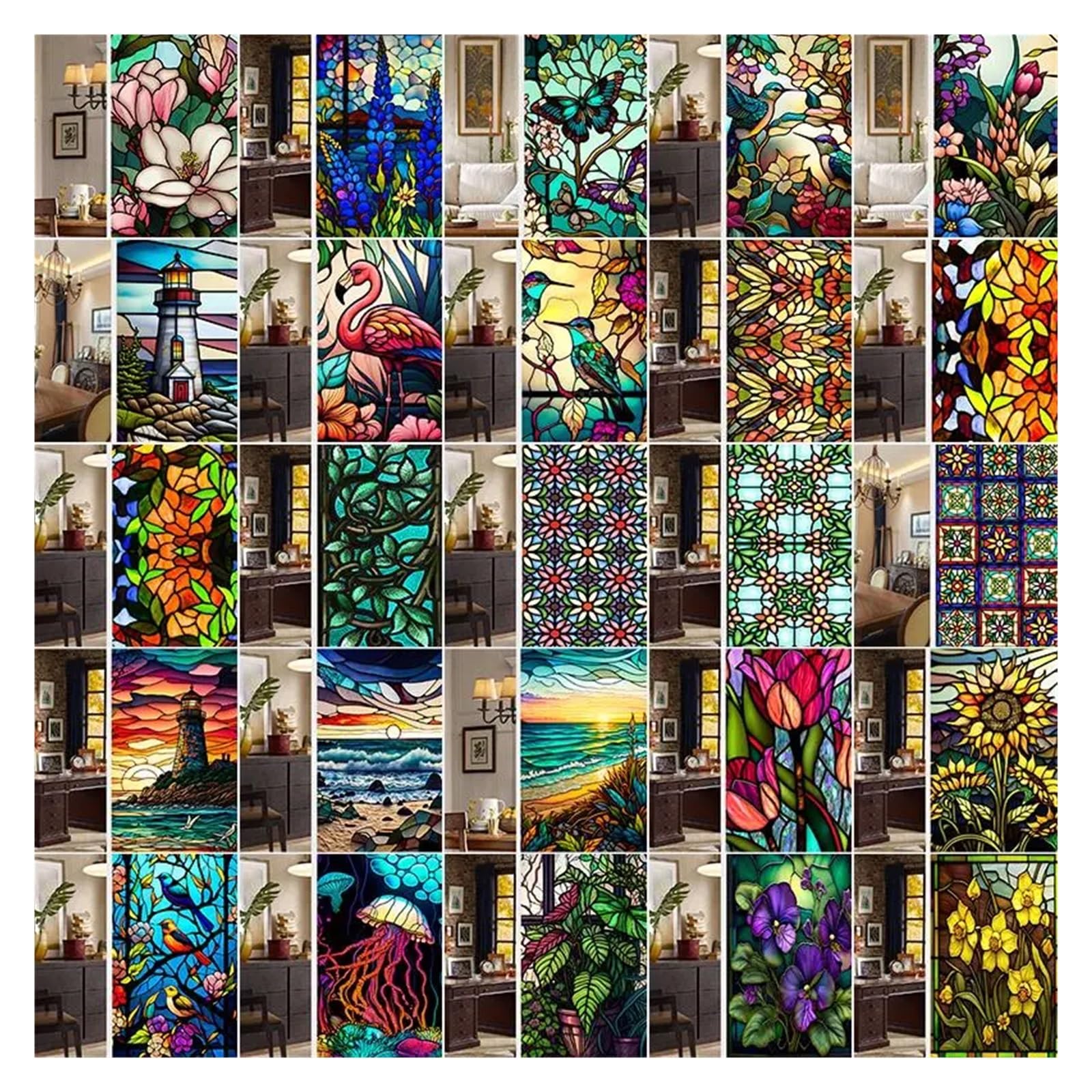 Vinilos para Ventanas Retro Pegatinas electrostáticas de PVC for Vidrio Esmerilado, Coloridas, con diseño Flores y pájaros Retro para Sala de Estar(Color 24)
