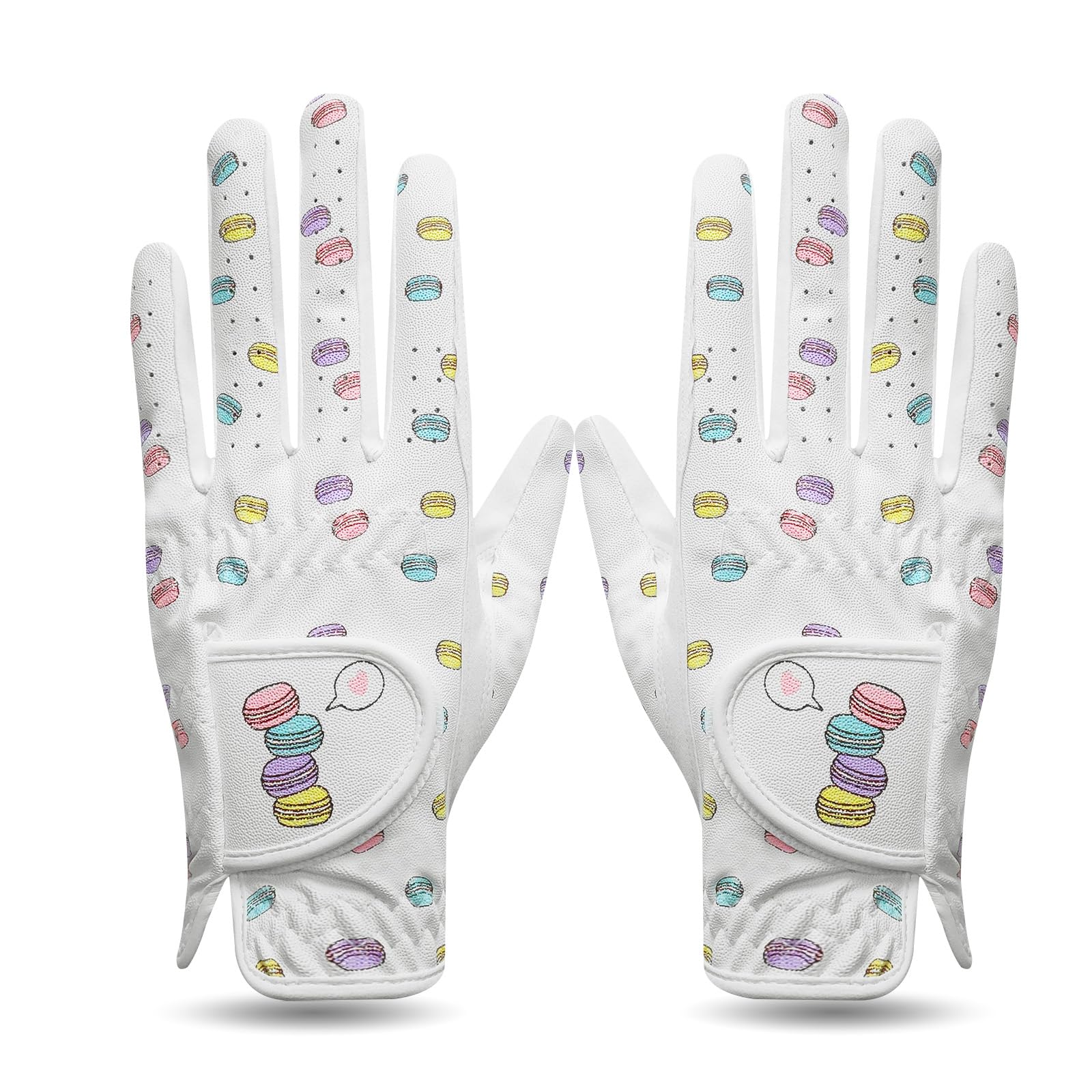 FINGER TENWomens Golf Golf Gloves Both Hand Microfiber with Macarone Pattern Value Pair,Ladies Golf Gloves Non-Slip Grip Soft Breathable Wear-Resistant White