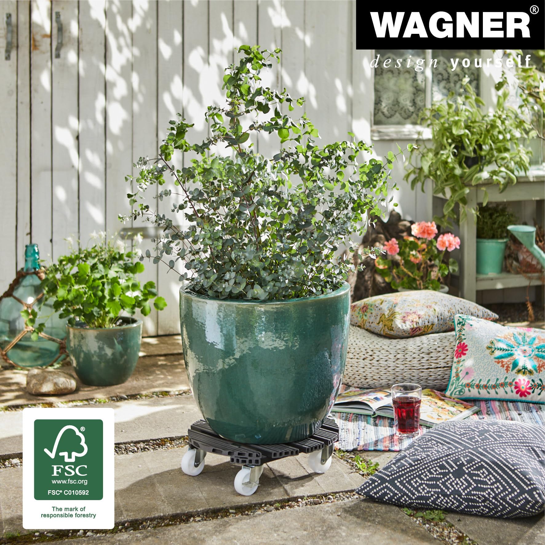 WAGNER Soporte con ruedas para plantas WPC Ø 38,5 x 11 cm I Carrito para flores para uso exterior + interior I Wood Plastic Composite FSC®, antracita I Capacidad de carga 150 kg - 20054501