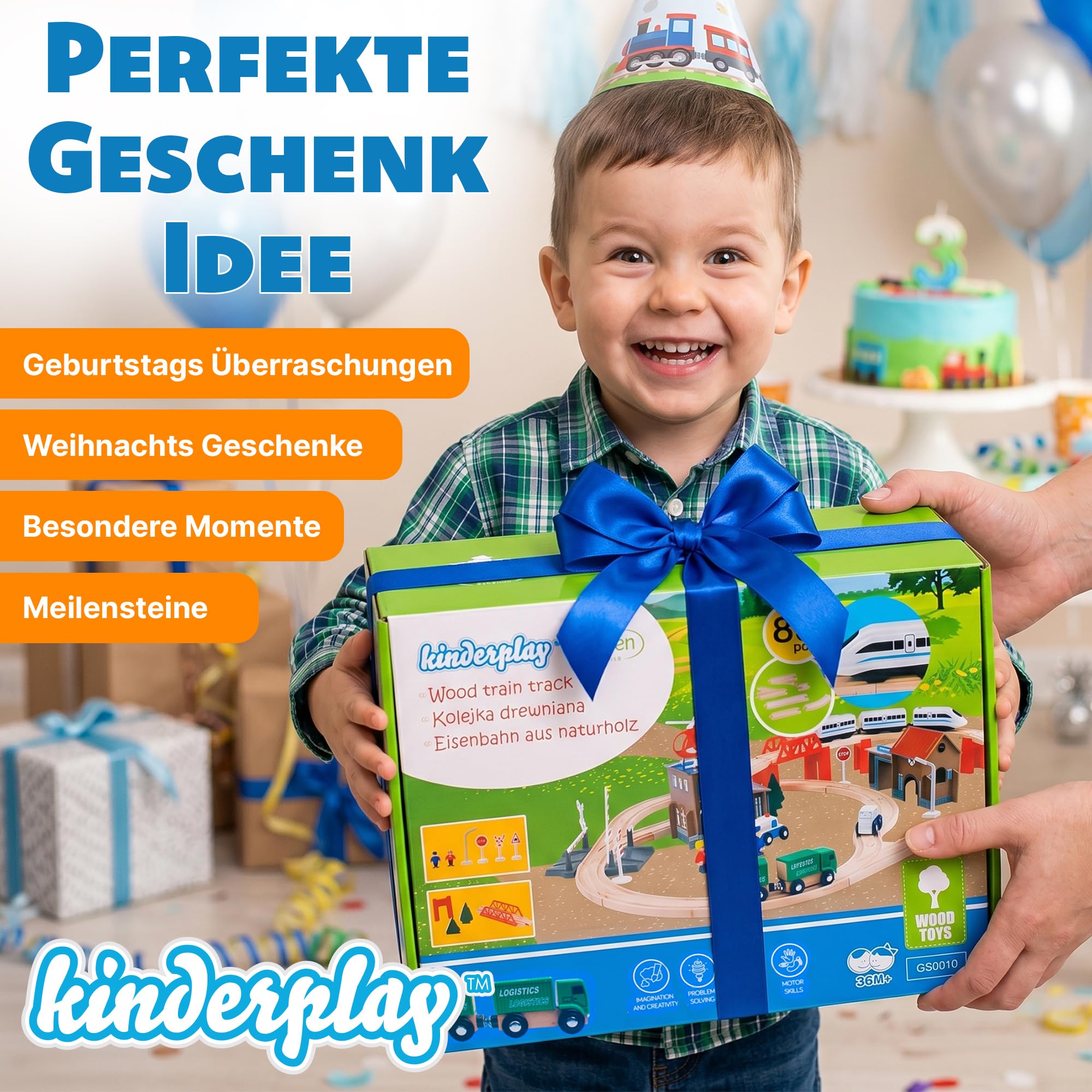 Green series Holzeisenbahn Set für Kinder - Eisenbahn Holz | Spielzeug Zug | Polizeistation, Autobahn und Bahnset mit Brücke, 80 Teilen, 378 cm lang | Holz Eisenbahnen | Holzzug | Modell GS0010