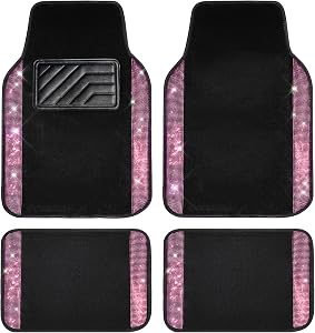 CAR PASS Shining Rhinestones Carpet, Bling Crystal Diamond Sparkly Glitter Car Floor Mat, Anti-Slip PVC Heel Pad Automotive Universal Fit for SUV Sedan Car Van, 4pcs for Girl Cute Women (Black Pink)