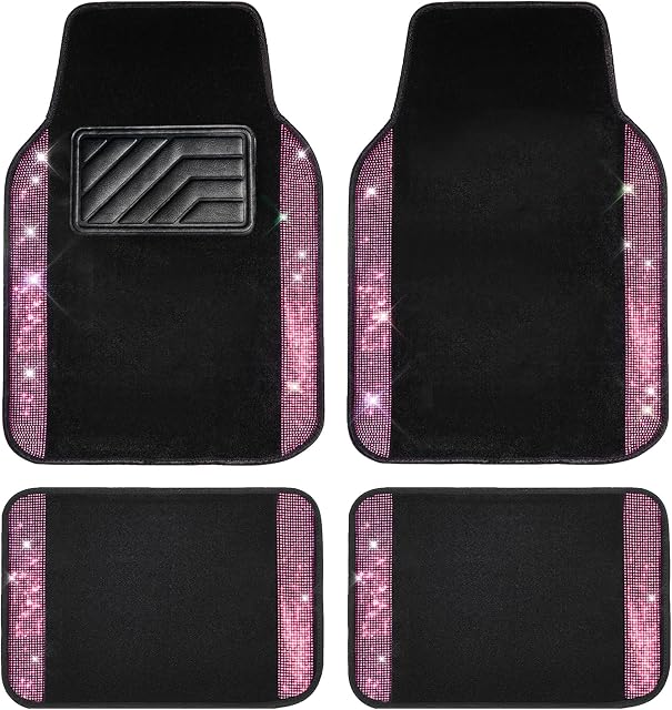 CAR PASS Shining Rhinestones Tapis, Bling Crystal Diamond Glitter Car Tapis de sol antidérapant PVC Chauffe-mains Automotive Universal Fit pour SUV Sedan Car Van, je suis désolé. 4pcs pour les filles mignonnes (rose noire)