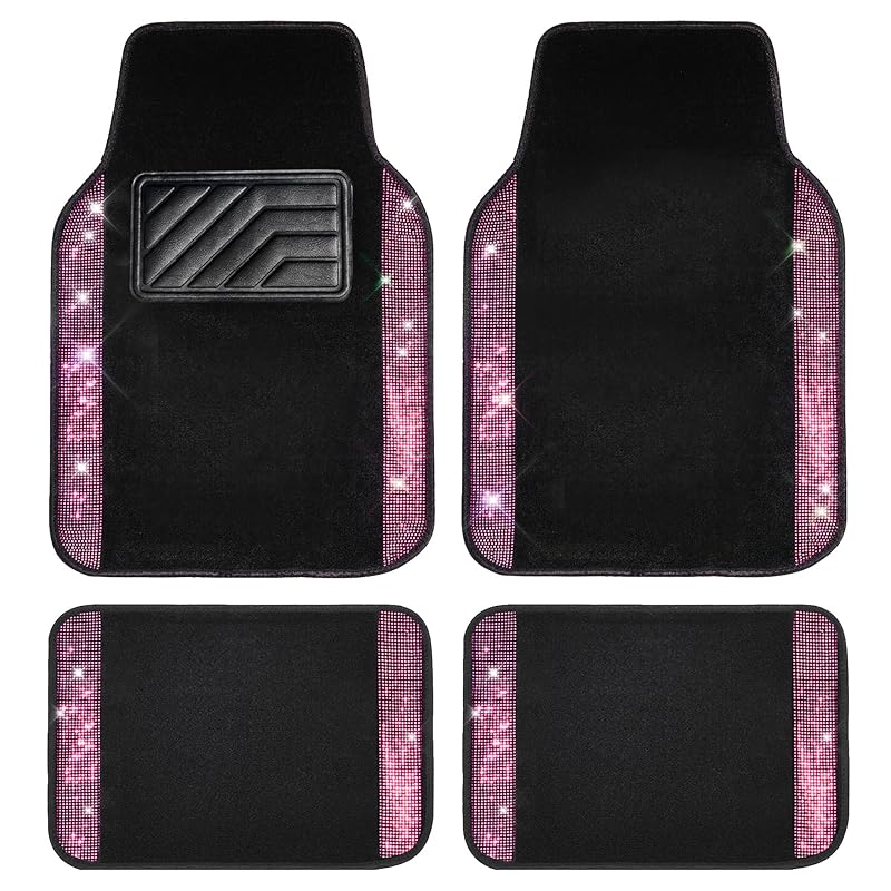 Tapete Automotivo CAR PASS com Strass e Base Antiderrapante em PVC, Rosa com Detalhes de Diamante, Dianteiro e Traseiro, Kit com 4 Peças