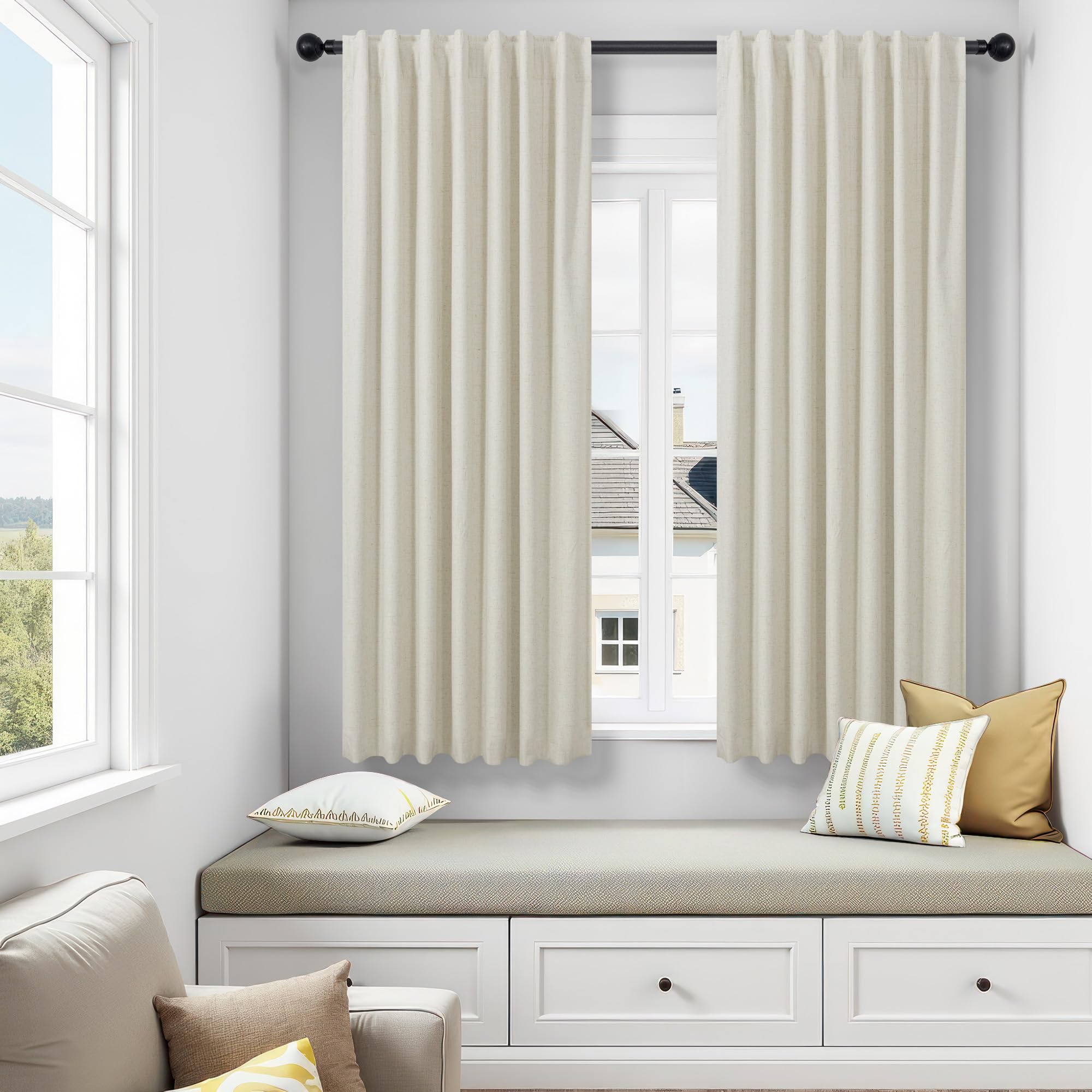 DANCURTON Living Room Black Out Curtains 63 Inch Long Boho Linen Blackout Insulated Thermal Room Darkening Kitchen Drapes for Nursery Kids Home Office Energy Saving Noise Reducing Back Tab Beige 52x63