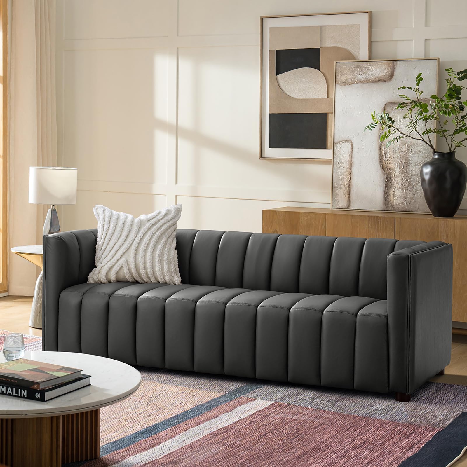 - 83" Genuine Leather Sofa with Channel Tufted Design, 3-Seater Sofa for Living Room Bedroom, Modern Oversized Couch with Wood Legs, Charcoal