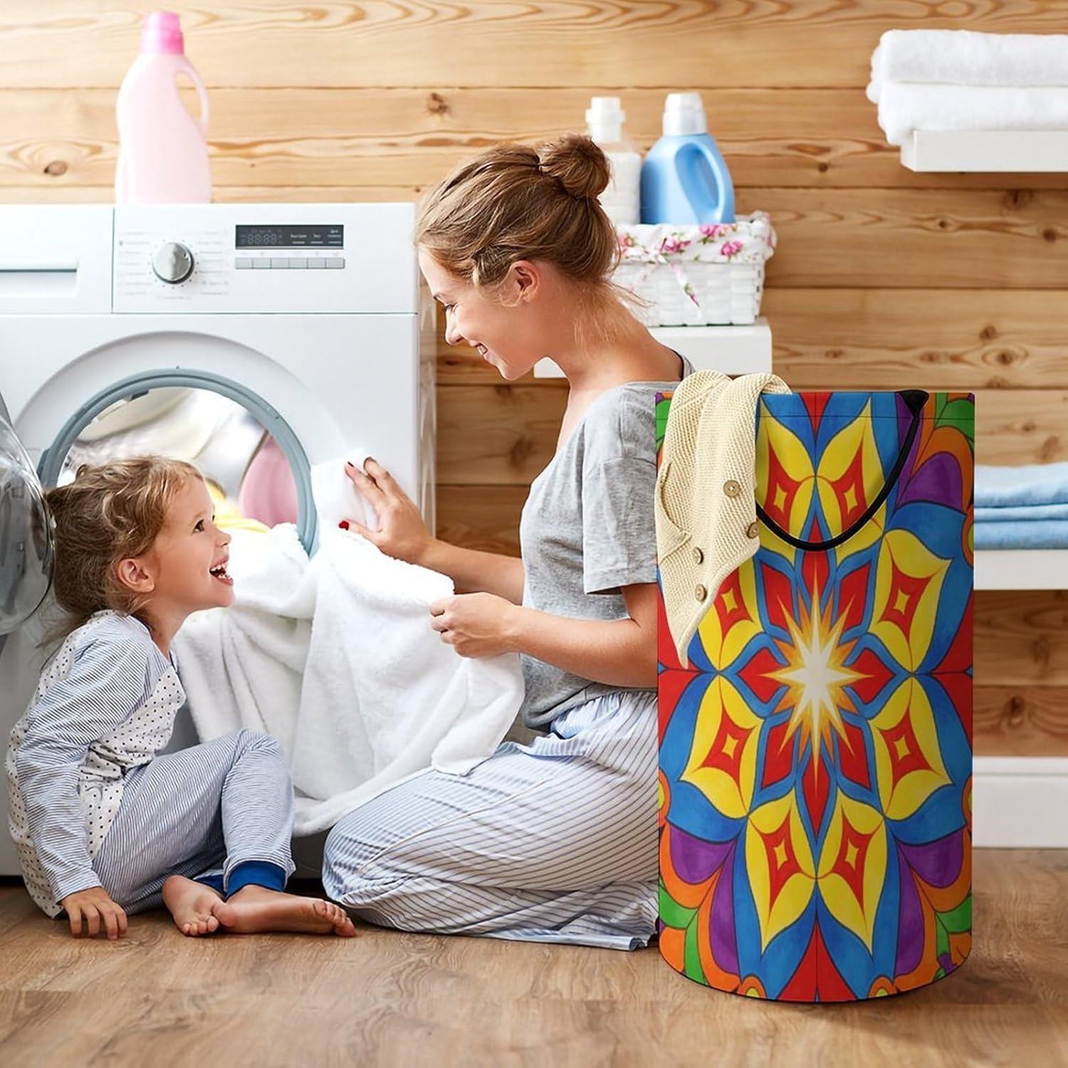 Colorful Mandala Laundry Hamper 86L Waterproof Collapsible Clothes Basket with Double Handles Freestanding Foldable Laundry Basket Large Clothes Hamper for Bathroom