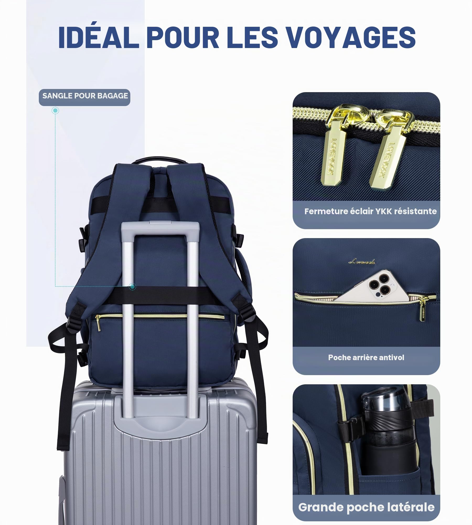 LOVEVOOK Sac à Dos Voyage Femme 40L Sac a Dos Cabine Avion Bagages Backpack | Travel Ryanair, Imperméable Sac Ordinateur Portable 17'' Sac a Dos Valise de Randonnée Affaires Travail Gris Foncé/brun