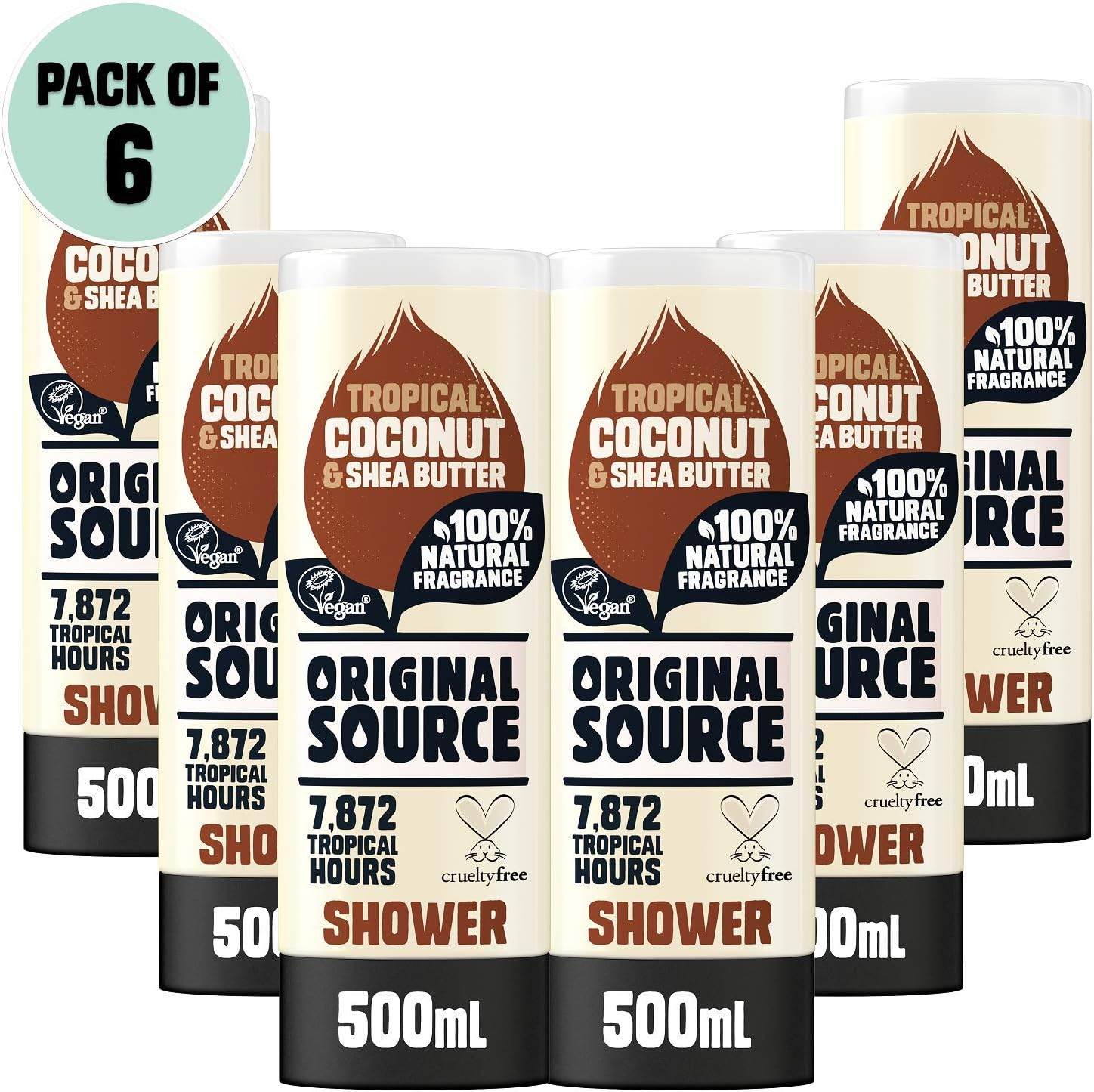 Gel de ducha Original Source de coco y manteca de karité con fragancia 100% natural, vegano, formato grande, sin parabenos, pack de 6 envases de 500 ml