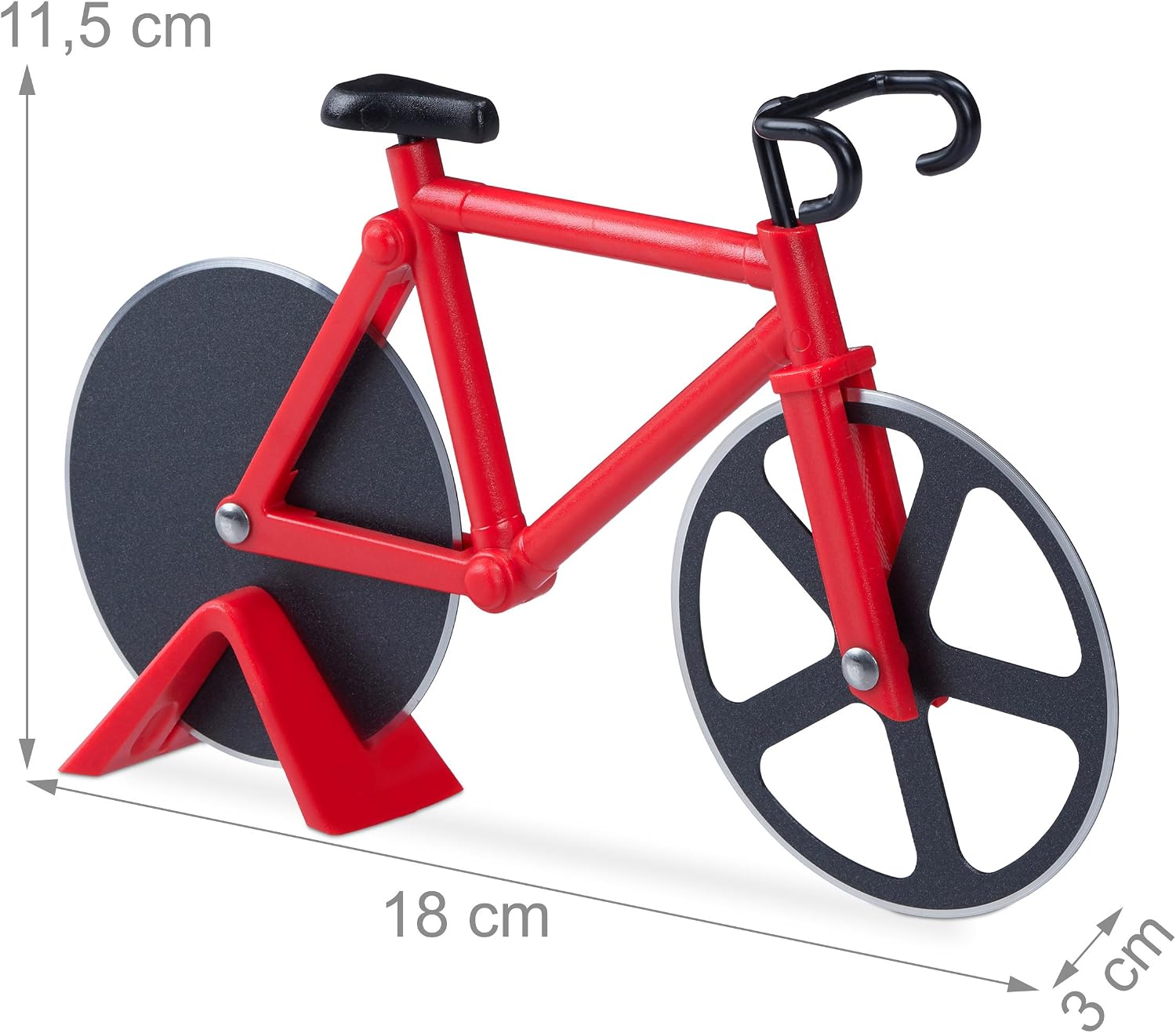 Relaxdays Bicycle Pizza Cutter, Set of 2, Pizza Cutter with Stand, Dough Cutter, Red - Black