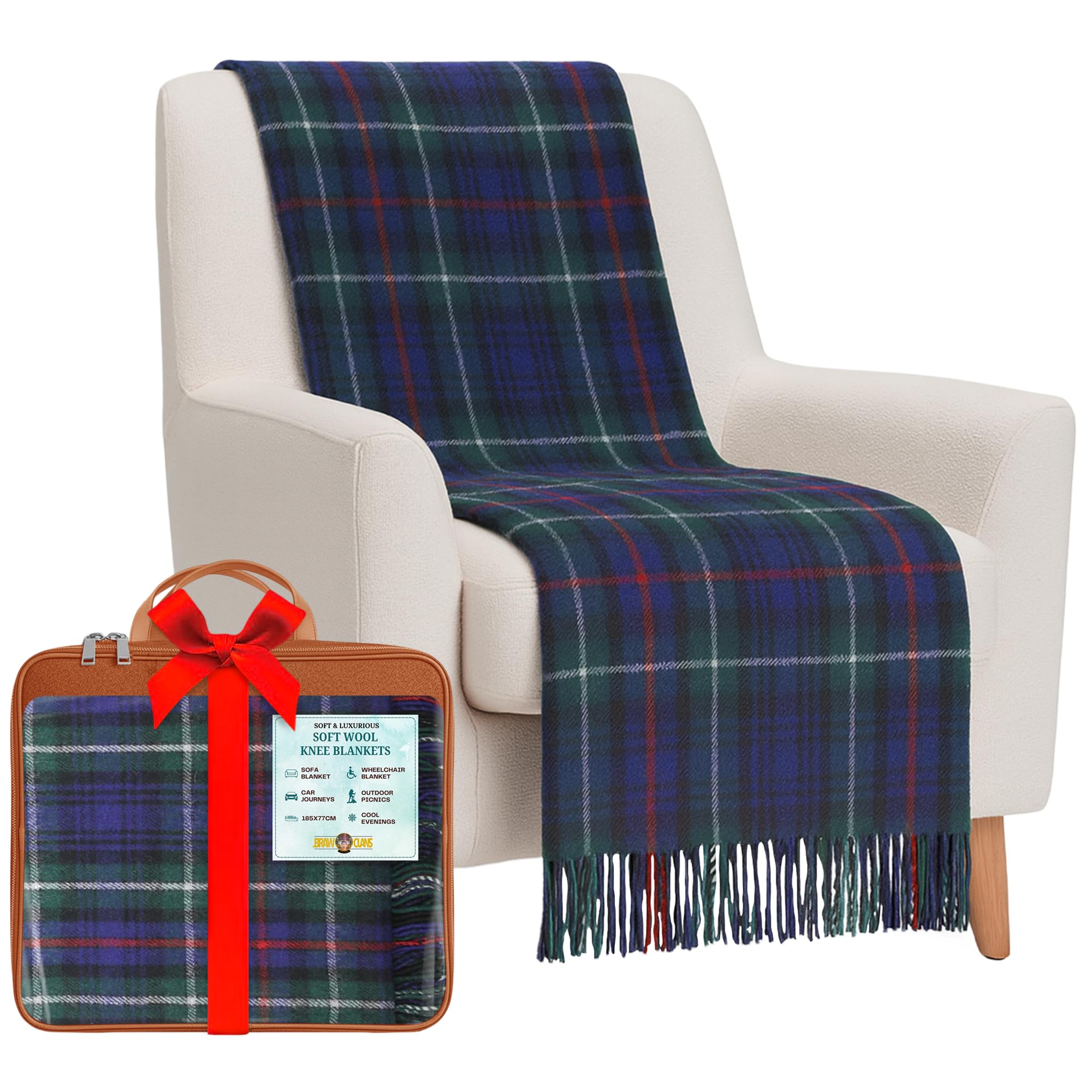 Braw Clans Tartans Mackenzie Soft Wool Tartan Knee Blanket Lap Throw - Lap Blanket For Sofa With Fringed Edges - Compact Travel Essentials & Car Seat Throw - Plaid