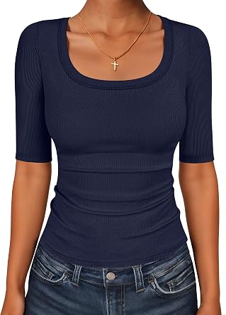 ANRABESS Womens Half Sleeve Tops Scoop Neck Ribbed Knit Slim Fitted Basic Tee Shirts Summer 2026 Trendy Spring Casual Clothes