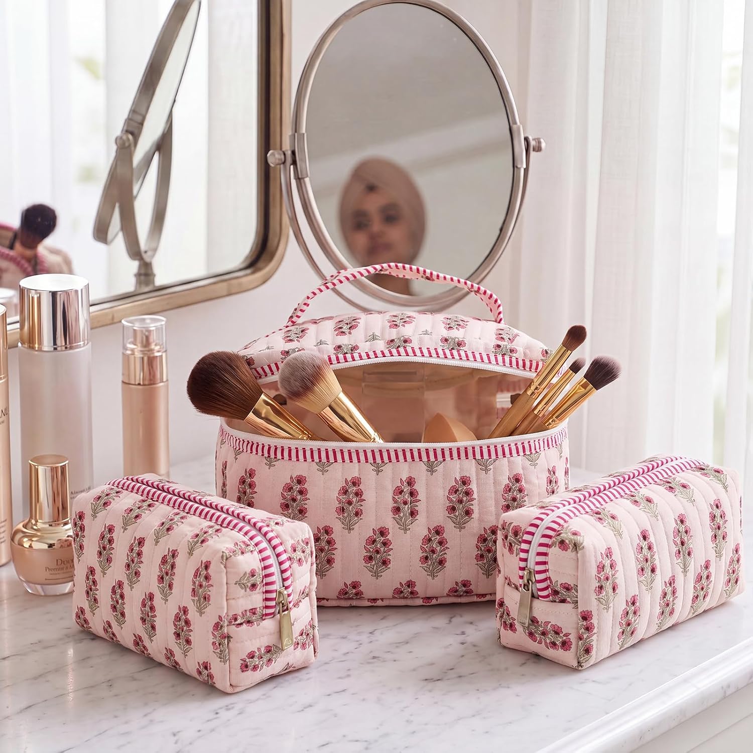 Kacctyen 3 Pcs Quilted Makeup Bag Set Block Print Floral, Rose Flower