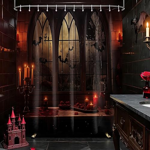 Miniatura 3 de Cortina de ducha de Halloween, diseño de mansión embrujada gótica espeluznante, juego de cortinas de baño de castillo de murciélago gótico