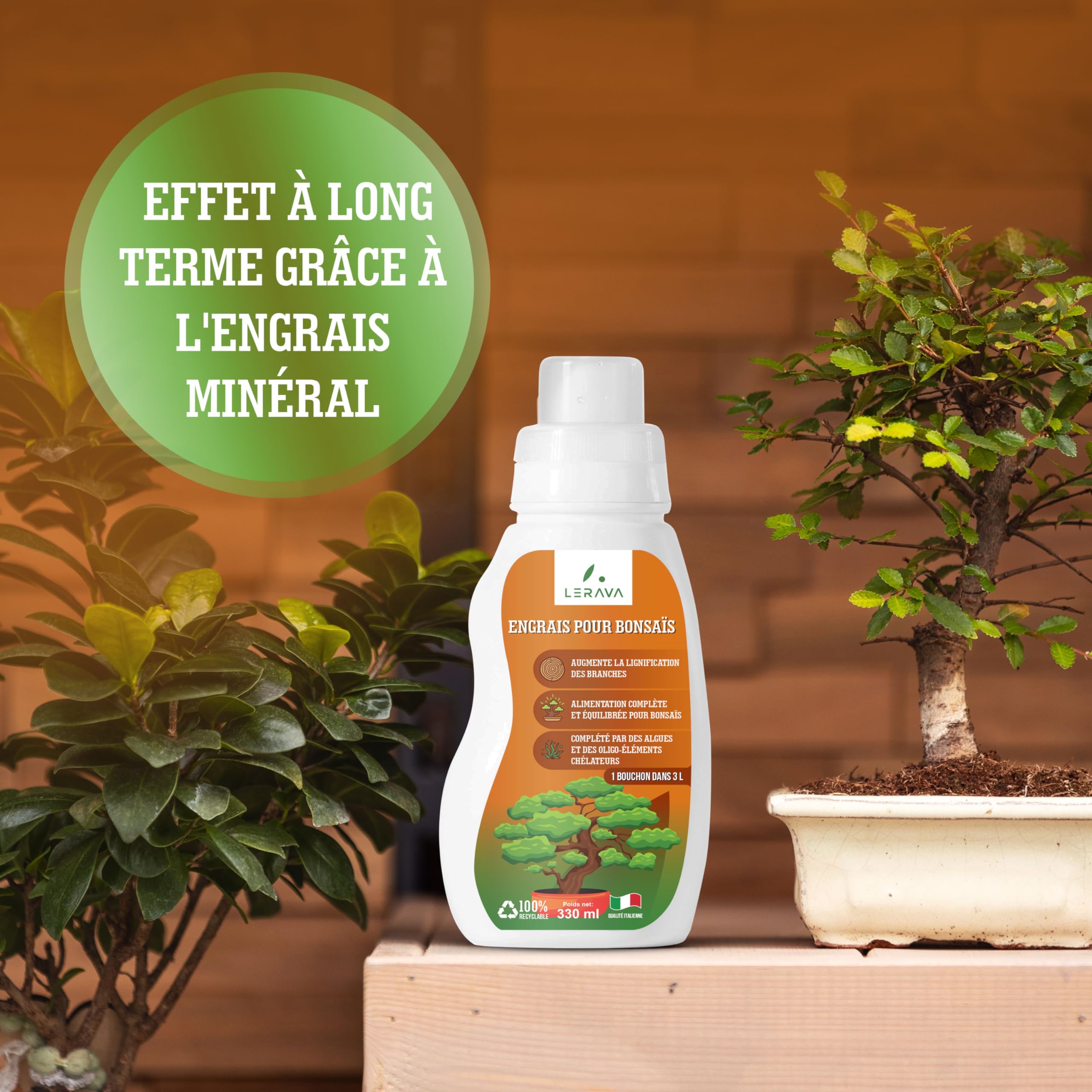 LERAVA Engrais Bonsai Liquide 330ml avec Tapo Doseur - Engrais Ficus Ginseng, Carmona, Tamac - Favorise Lignification - Made in Italy
