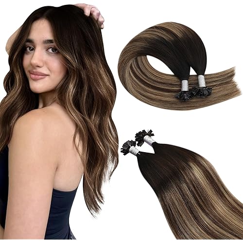 Ugeat Balayage Flat Tip Hair Extensions Brown K Tip Hair Extensions Real Human Hair Natural Black Mix Blonde Lightweigth for Summer Party By Hot Fusion for Women Low Damage 20 Inch 50g 50s