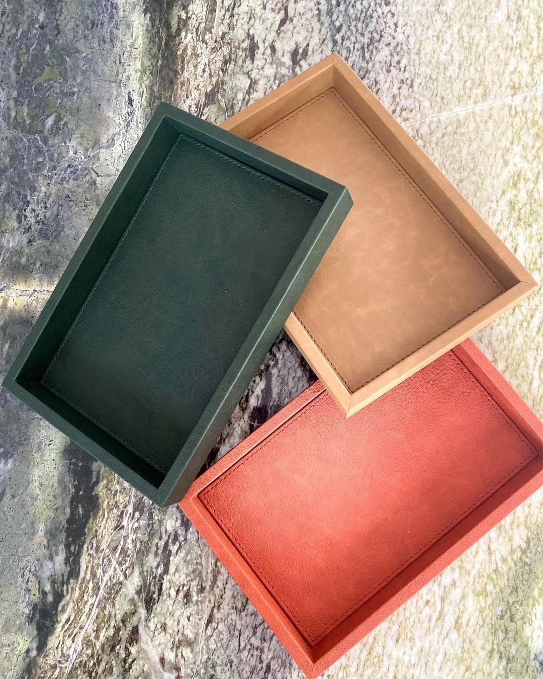 MOENA Faux Leather Tray – Elegant & Versatile Organizer for Home, Office, and Yacht (Matte Dark Green, Small)