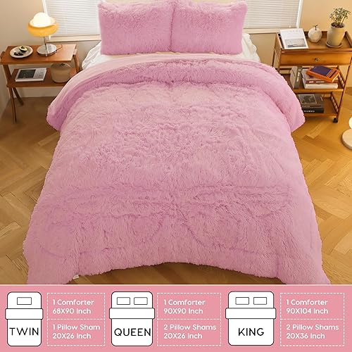 Miniatura 8 de Juego de edredón lanudo tamaño Queen, juego de edredón de piel sintética rosa con 2 fundas de almohada, juego de edredón de lujo lavable de felpa