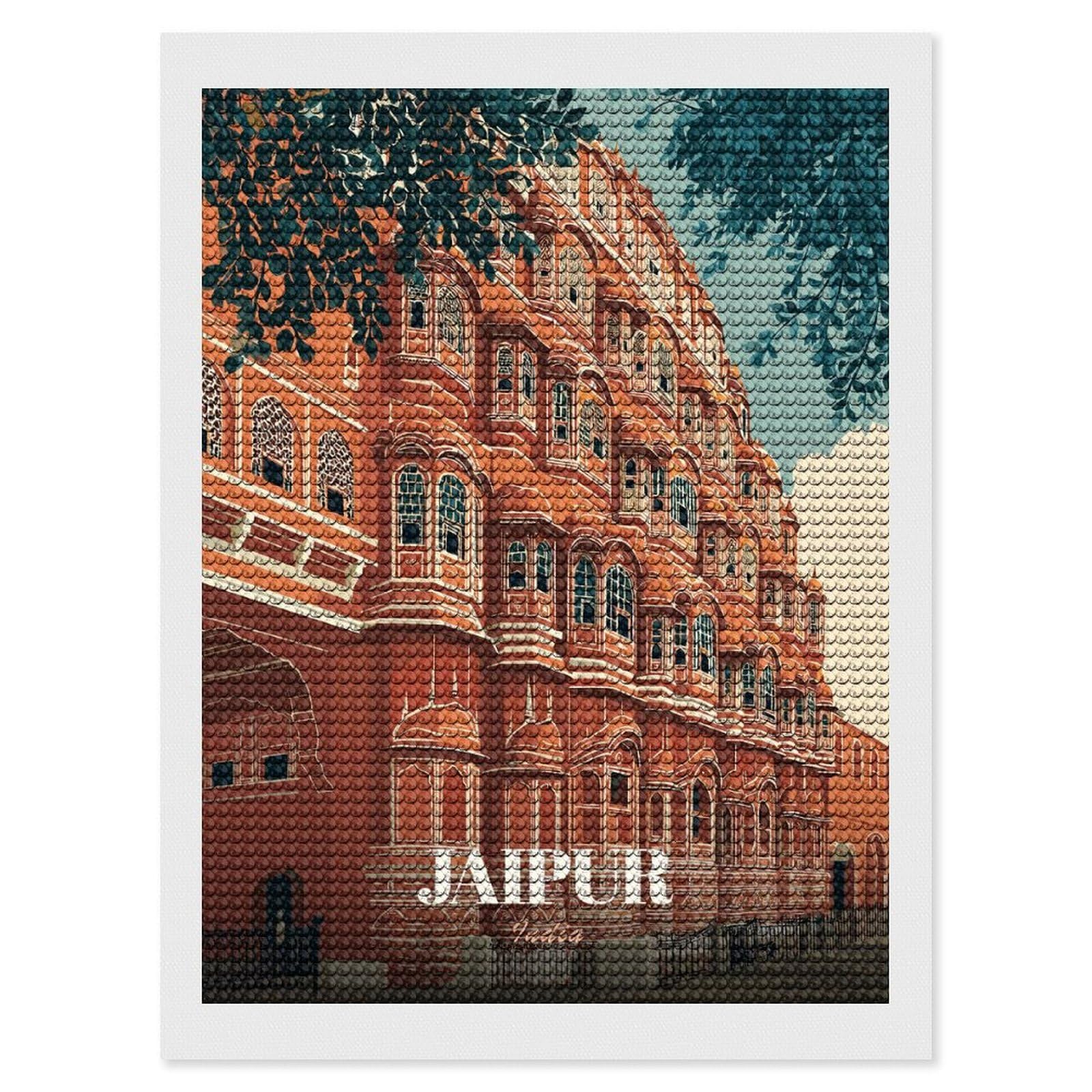 Junmoney Hawa Mahal, Jaipur India Illustration Diamond Painting Set 12"x16", Sparkling Round Gems, Decorate Your Room, Fun Craft Experience, Modern Decor