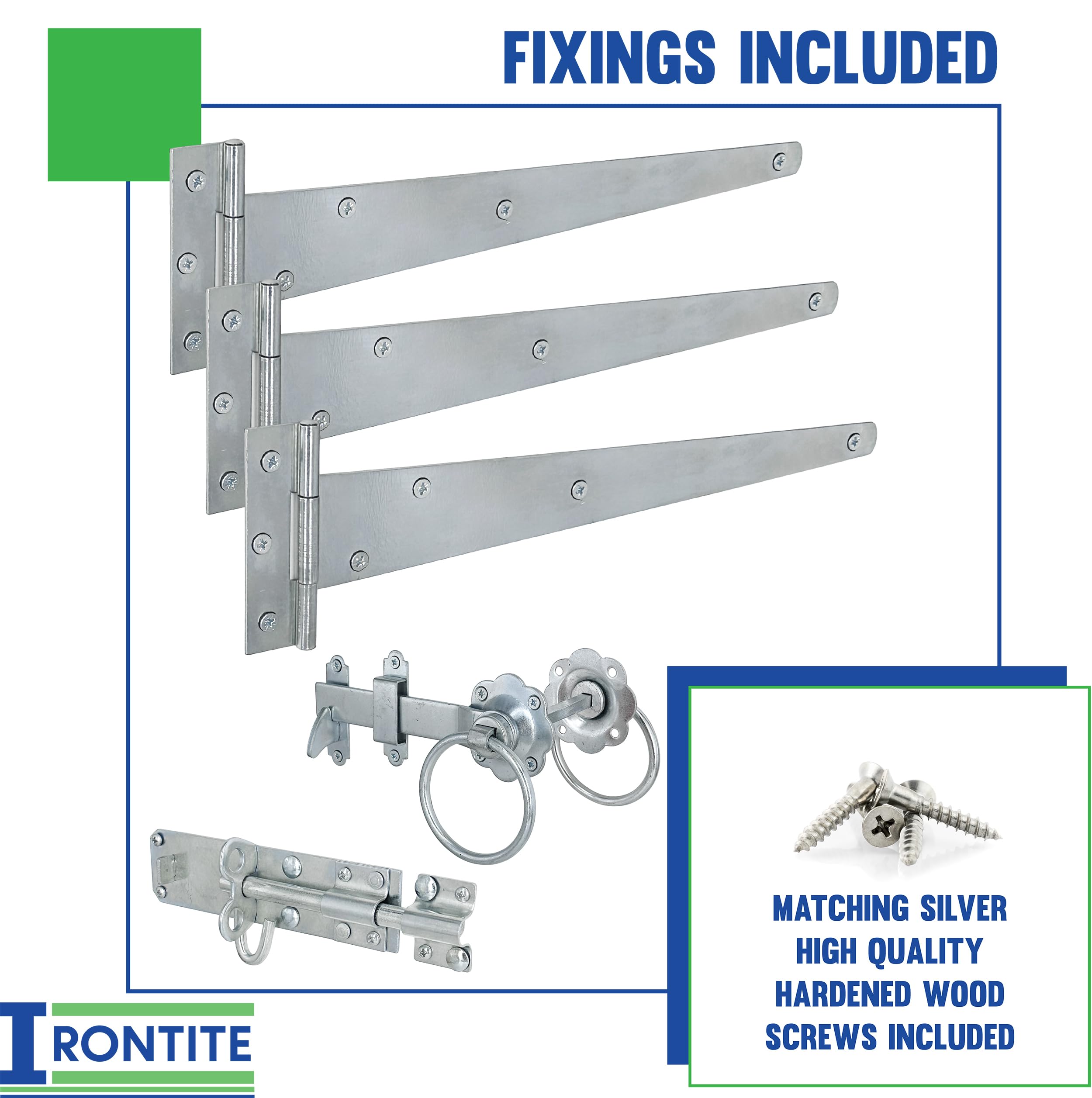 IRONTITE® Galvanised Gate Latch Kit with 300mm (12") T Hinges and Brenton Bolt. BZP Garden Gate Kit Includes Garden Gate Hinges for Wooden Gates Brenton Garden Gate Bolt - Image 2