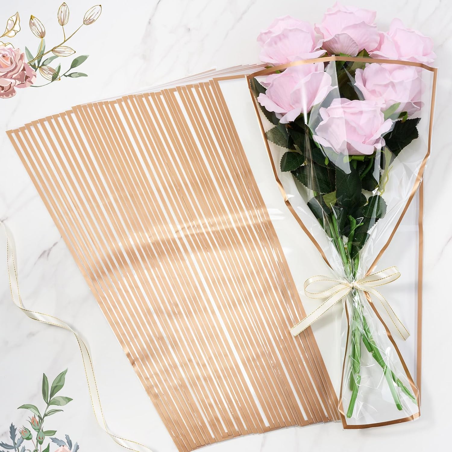 YooNotee 120 Pcs Flower Wrapping Bags for Valentine's Day Bouquets Supplies 17.7 x 10.9 Inches Plastic Flower Bouquet Sleeve Clear Front Floral Wraps with Ribbons for Graduation Party (White)