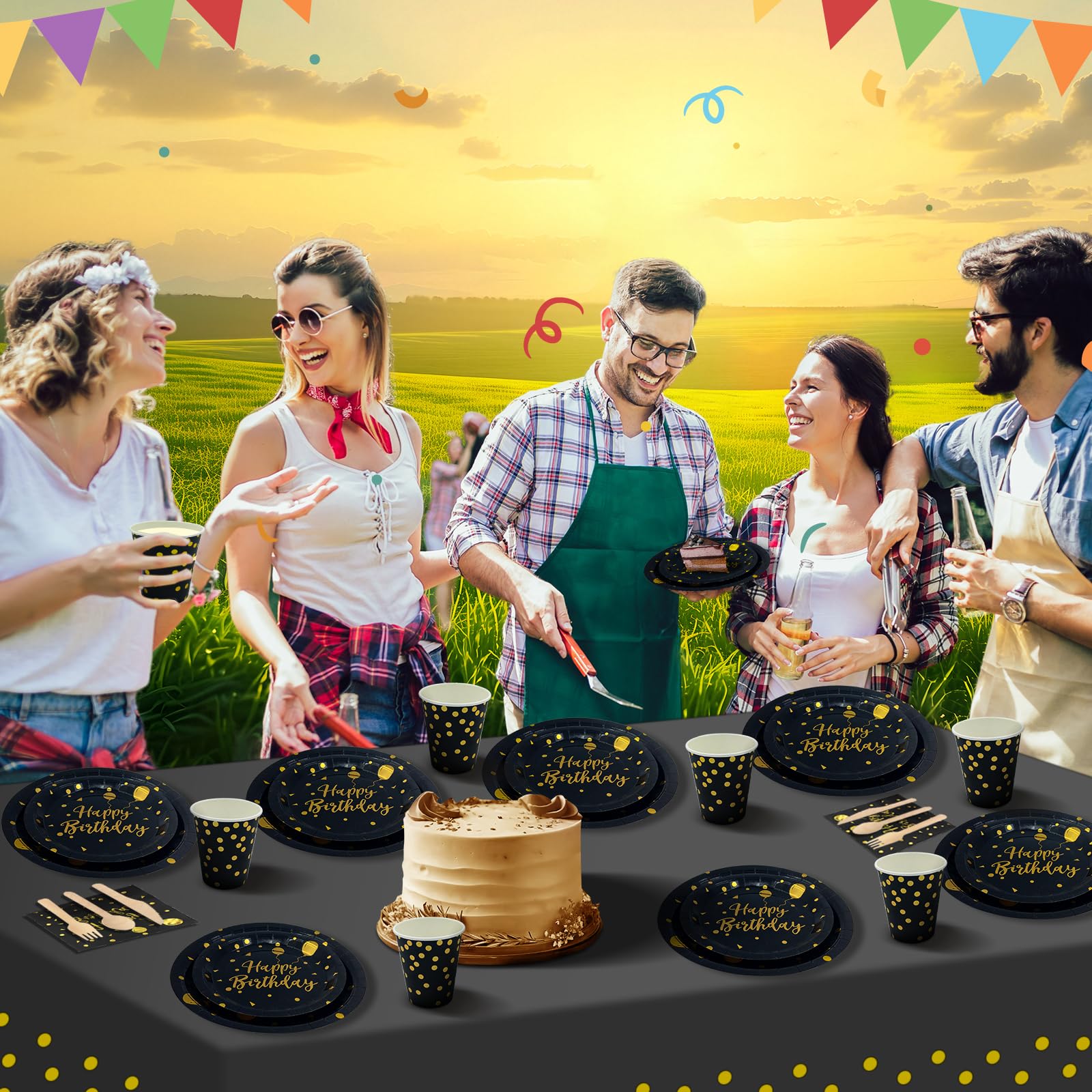 Compleanno Stoviglie Oro Nero 193 Pezzi Set Include Piatti, Tovaglioli, Tazze di Carta, Adatto a Tutti i tipi di Feste a Tema -24 Ospiti