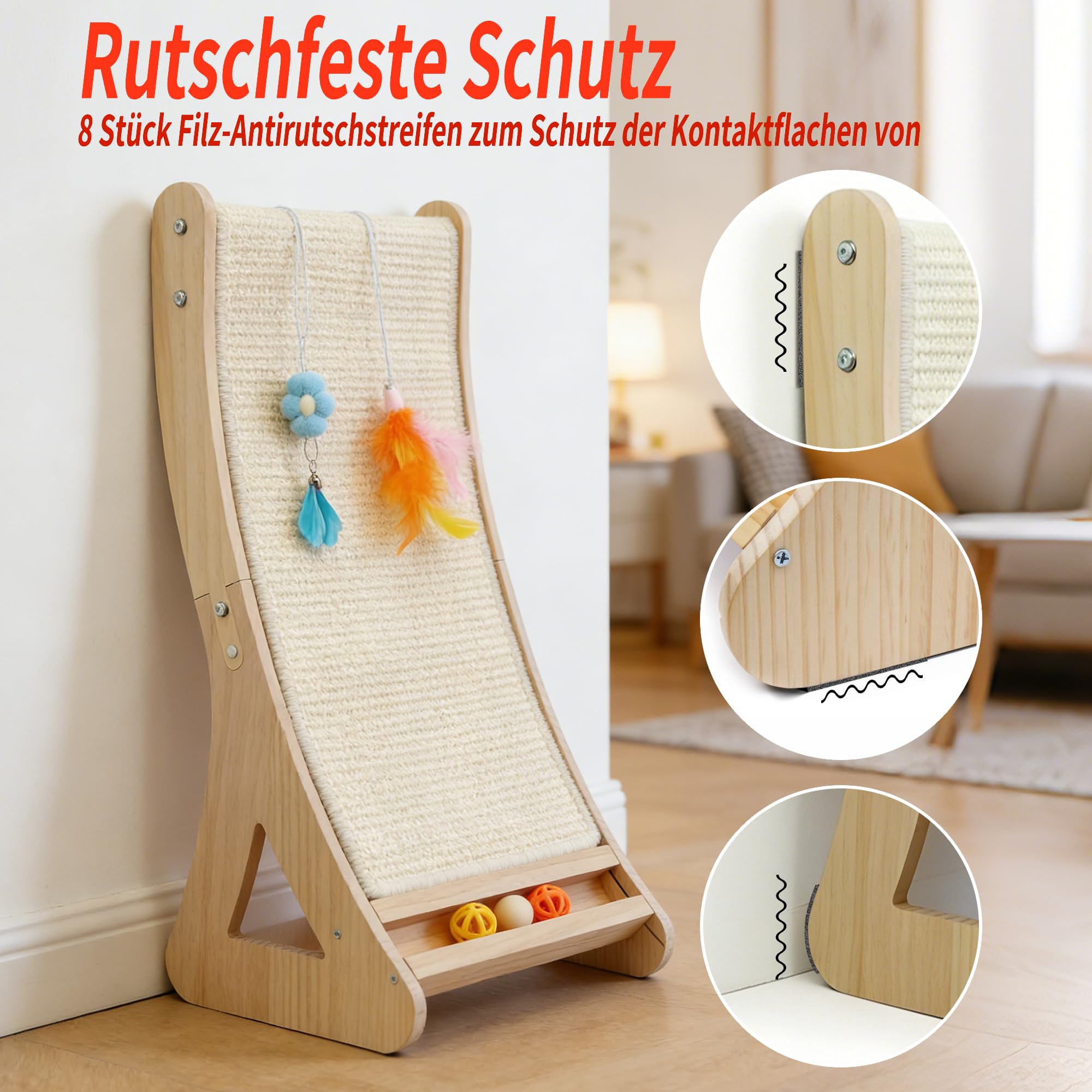 Rascador para gatos de doble uso, cartón rascador para gatos, grande, 63 cm, curvado, muebles para gatos, 100 % sisal natural, para sofá y protección de pared, con cascabeles, juguete de