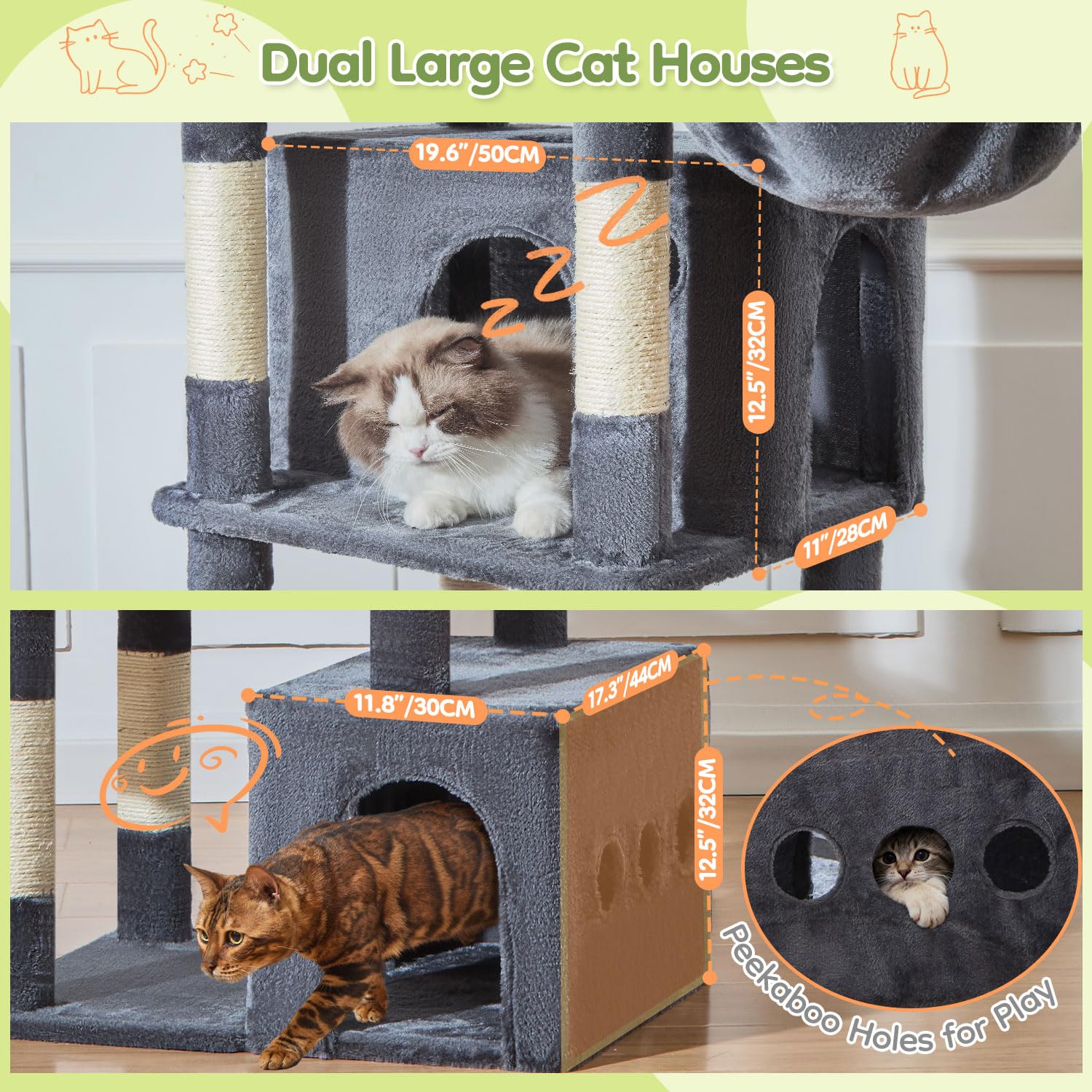 Taoqimiao 72 Inch Cat Tree, XXL Cat Tower for Indoor Cats Large Adult 25Lbs+, Extra-Large Platform, 2 Cat Houses, 7 Scratching Post, Extra-Sized Durable Hammock, Cozy Basket, Smoky Gray, F20G: Smoke Gray