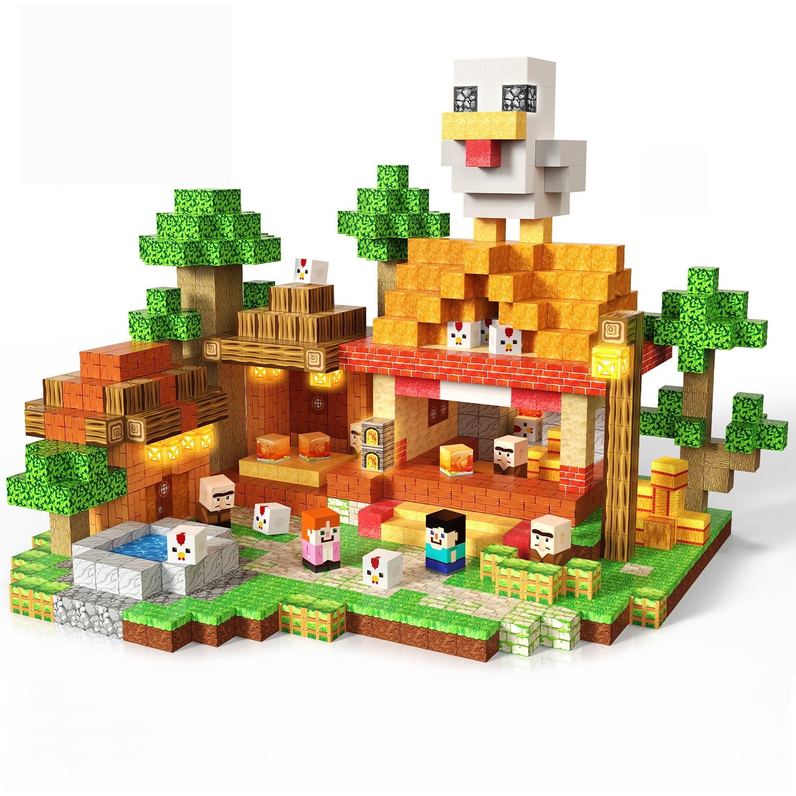 ToyUnited 200 PCS Magnetic Blocks Build Roast Chicken Store, Cute Fun Magnetic Building Cubes with LED Lights, STEM Sensory Learning Toys for Kids for 3 4 5 6 7 8 9 Year Old Boys Girls