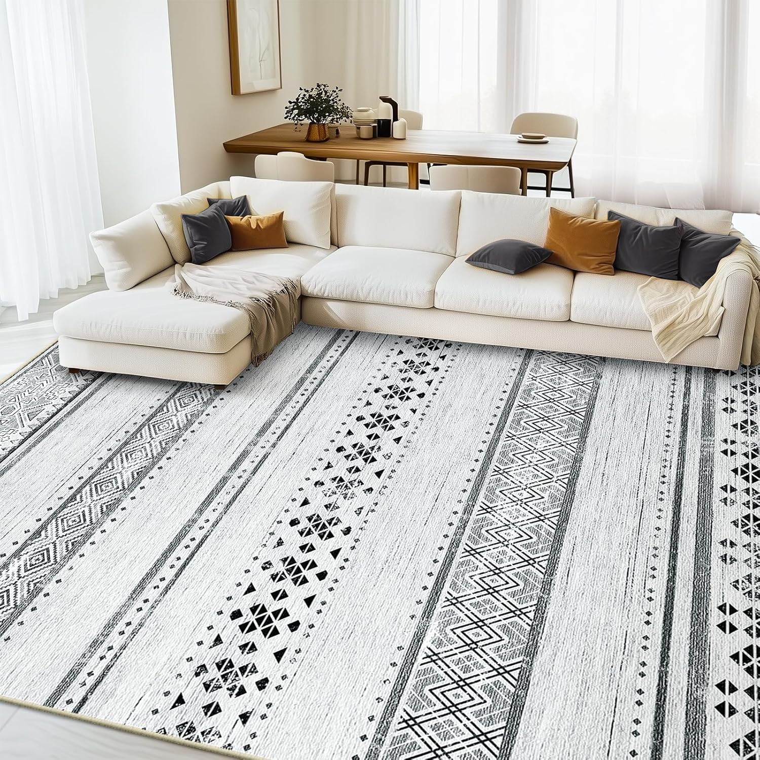 BESTSWEETIE 8x10 Area Rugs for Living Room Washable Moroccan Farmhouse Neutral Geometric Low Pile Non-Slip Soft Print Pattern Rug for Bedroom Kitchen Dining Room Entryway Grey/Black/Navy Grey/Black/Navy 8' x 10' (Rectangular)