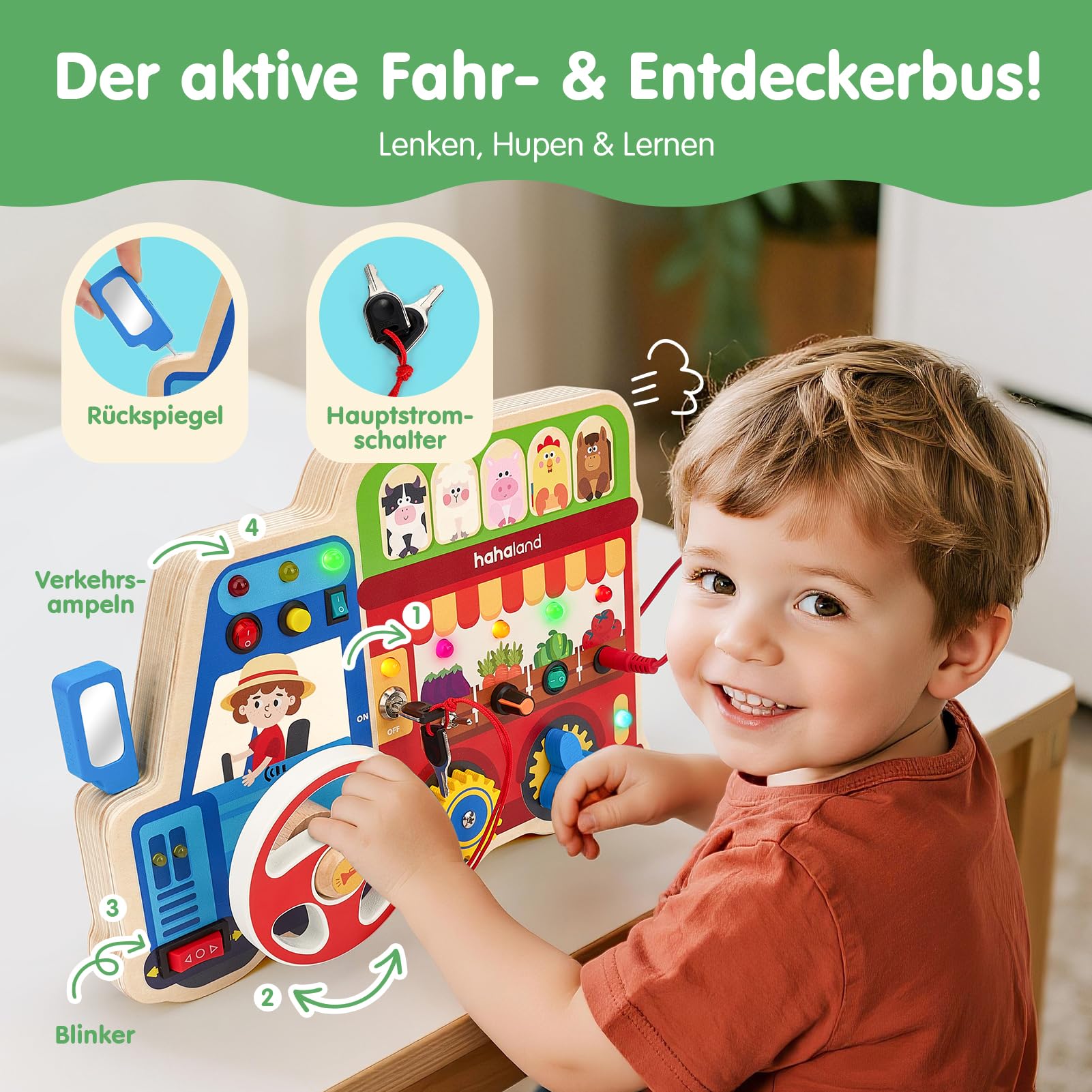 hahaland Baby Montessori Spielzeug Busy Board, Holz Activity Board mit 9 Schalter 11 LED, Tiere, Obst, Musik, Lenkrad, Motorikspielzeug Sensorik Lernspielzeug, Geschenk Jungen Mädch