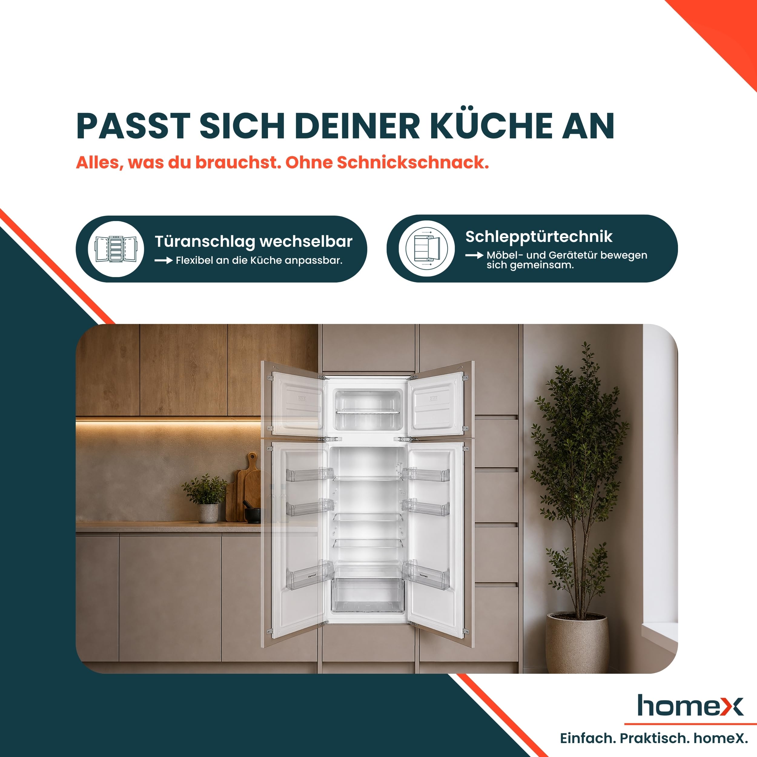 homeX CFB2051E Einbaukühlschrank mit Gefrierfach 145cm Nische 205 Liter | Einbau Kühl Gefrierkombination, Schlepptürtechnik, LED-Beleuchtung, leise 37 dB, Türanschlag wechselbar, 4-Sterne Gefrieren
